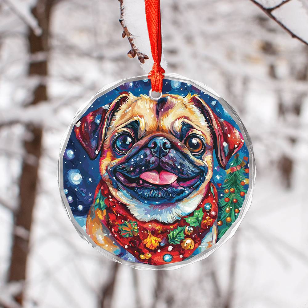 Beautiful Pug Dog Christmas Night Design 2 Glass Ornament