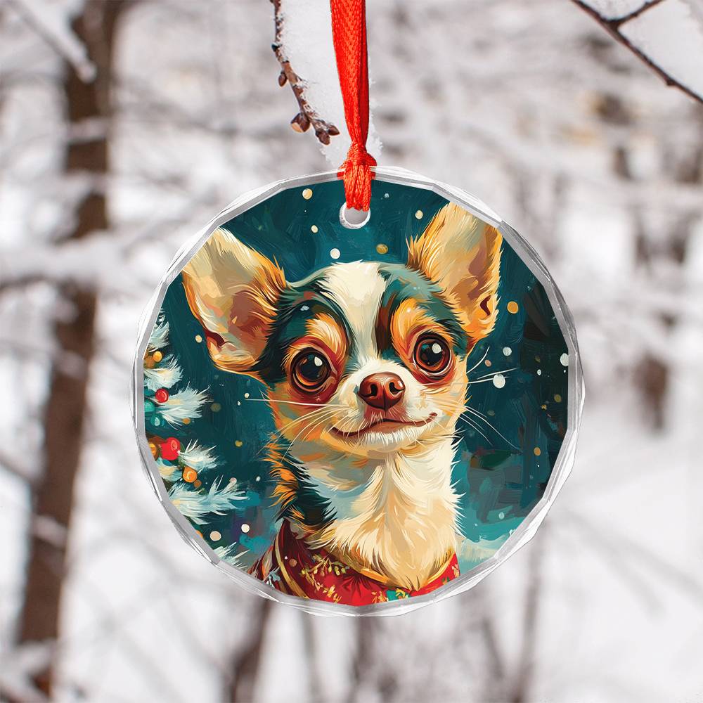 Beautiful Chihuahua Dog Christmas Night Design 1 Glass Ornament