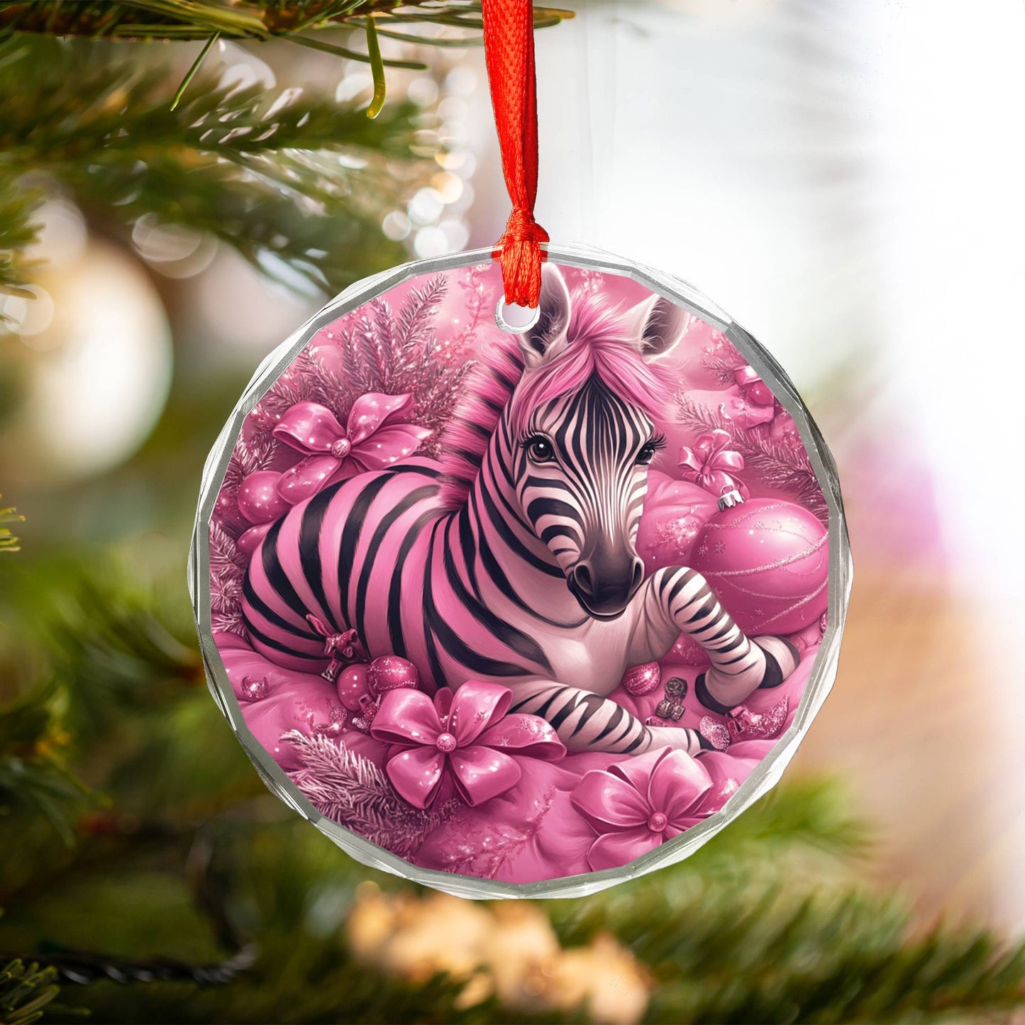 Zebra Pink Christmas Design 3 Glass Ornament