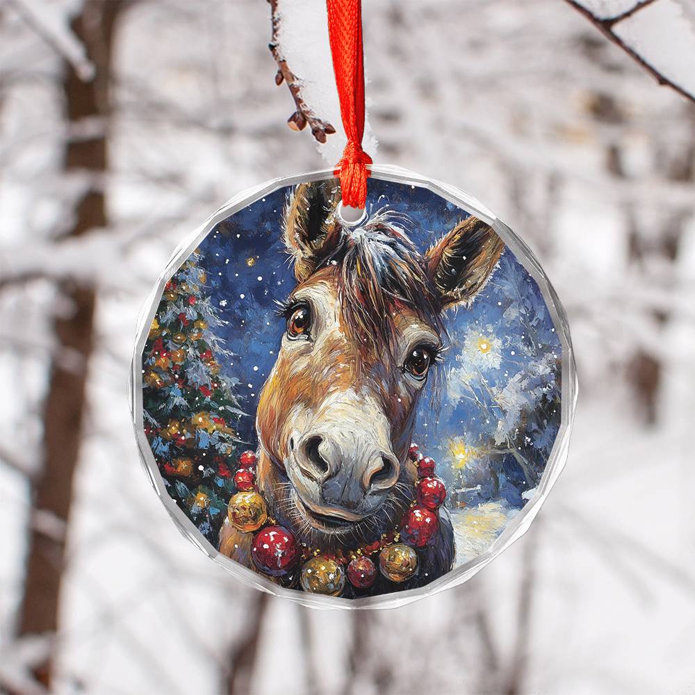 Beautiful Angus Mule Christmas Night Design 1 Glass Ornament