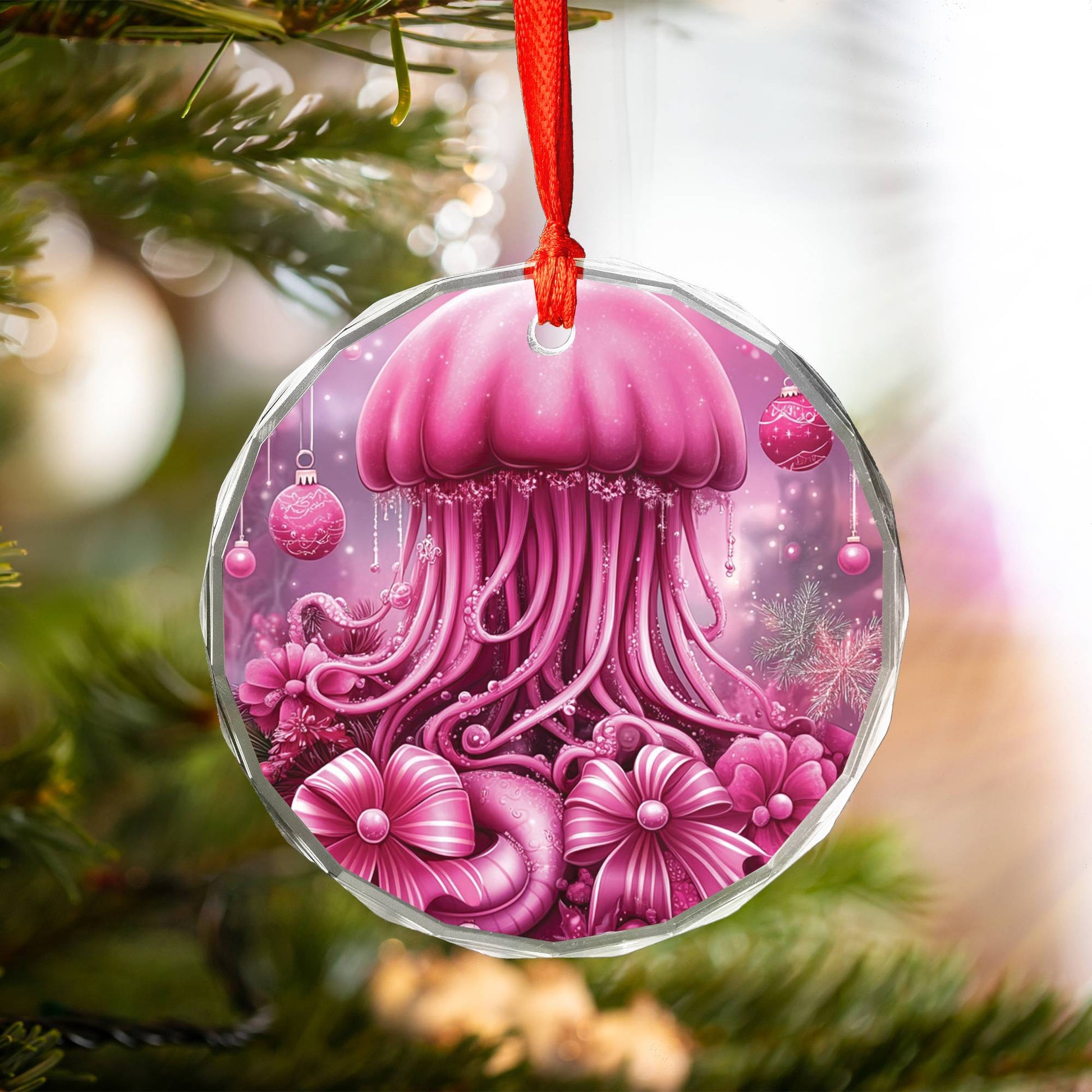 Jellyfish Pink Christmas Design 1 Glass Ornament