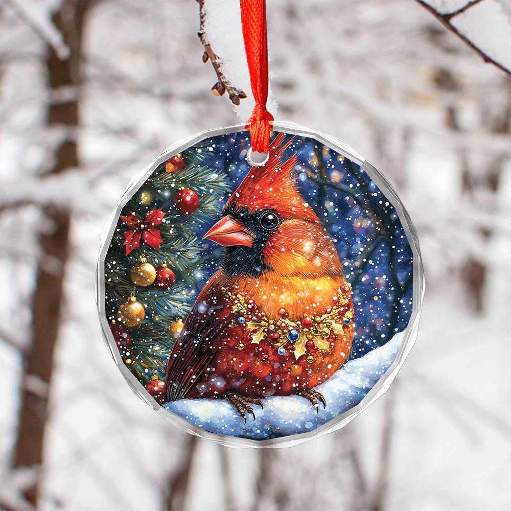 Beautiful Cardinal Christmas Night Design 3 Glass Ornament
