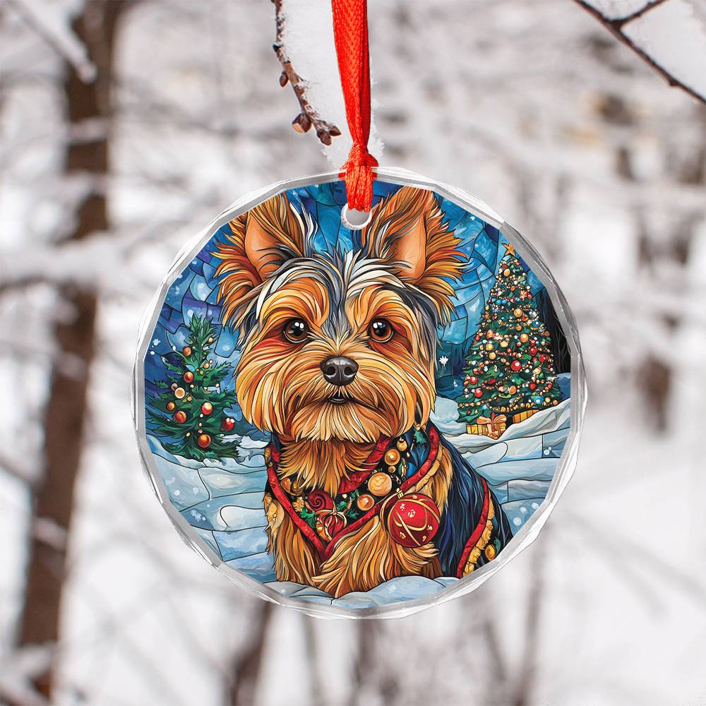 Beautiful Angus Yorkshire Terrier Dog Christmas Night Design 1 Glass Ornament