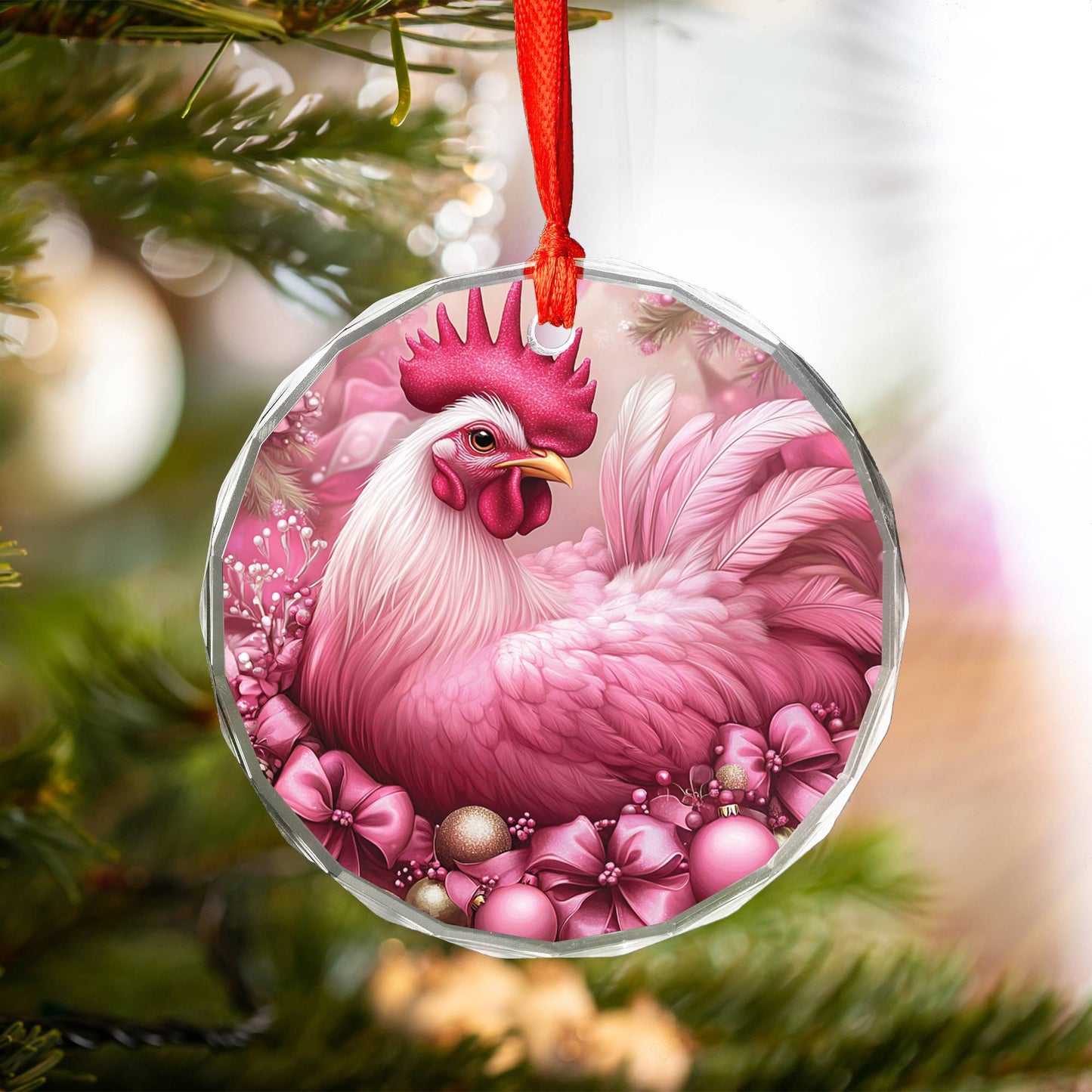 Rooster Pink Christmas Design 4 Glass Ornament