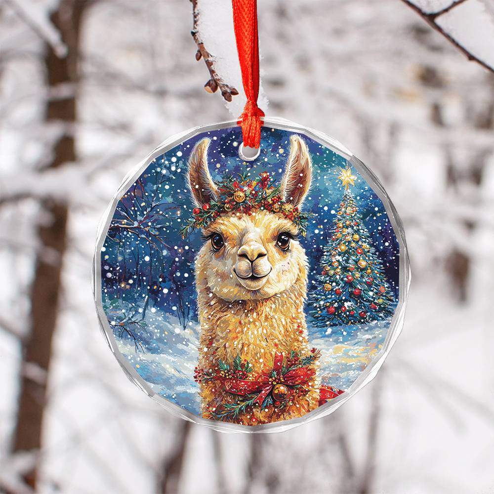 Beautiful Llama Christmas Night Design 2 Glass Ornament