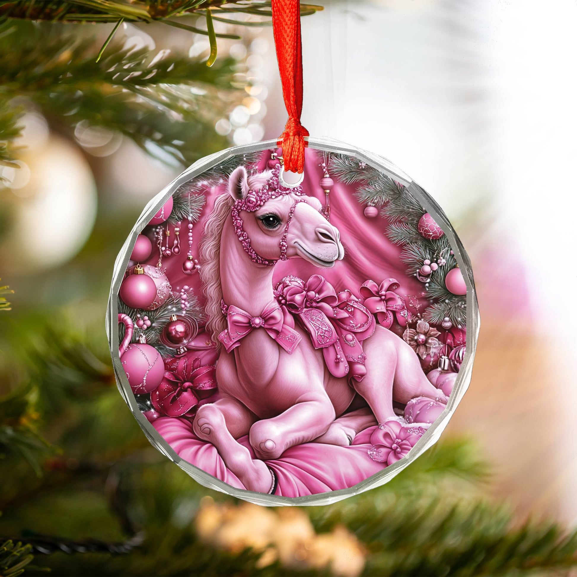 Camel Pink Christmas Design 1 Glass Ornament