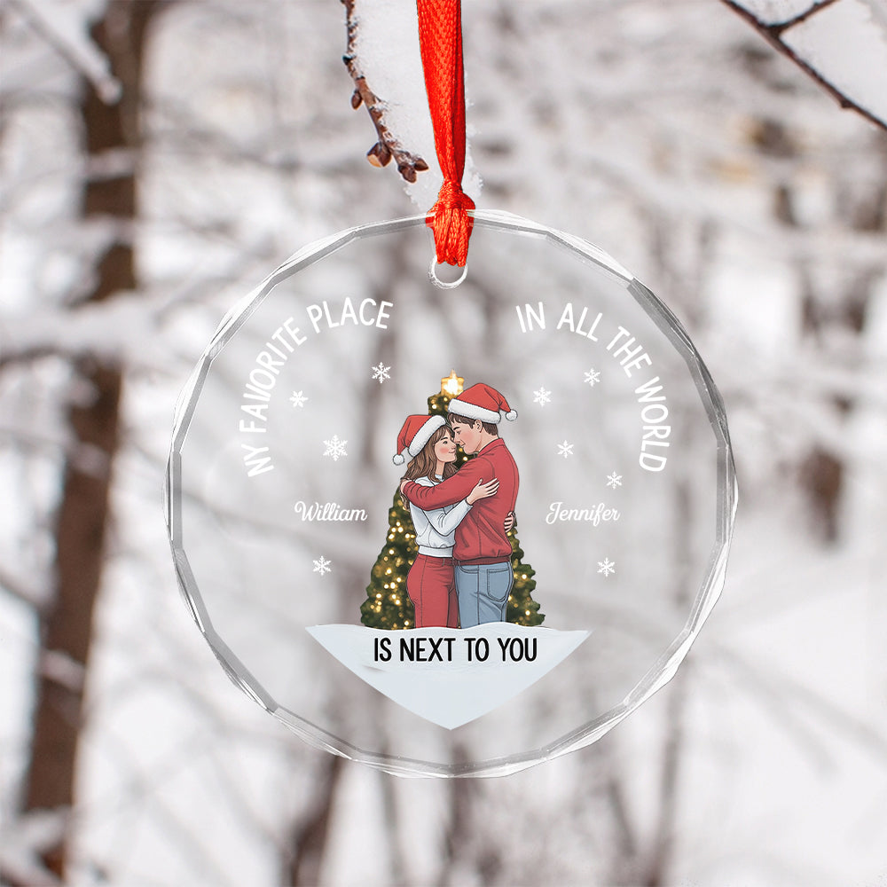 Christmas Couple Sideview You Are My Favorite By Far - Personalized Heart Glass Ornament4