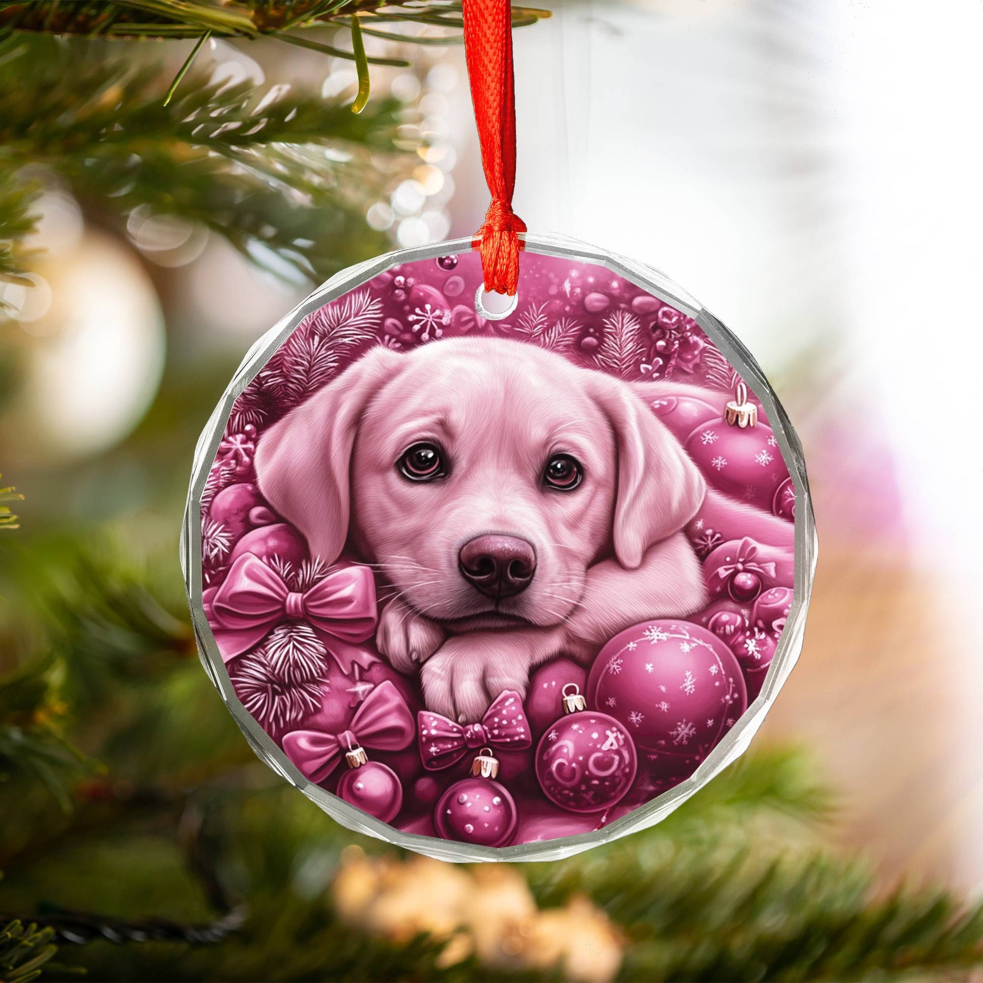 Labrador Retriever Dog Pink Christmas Design 3 Glass Ornament