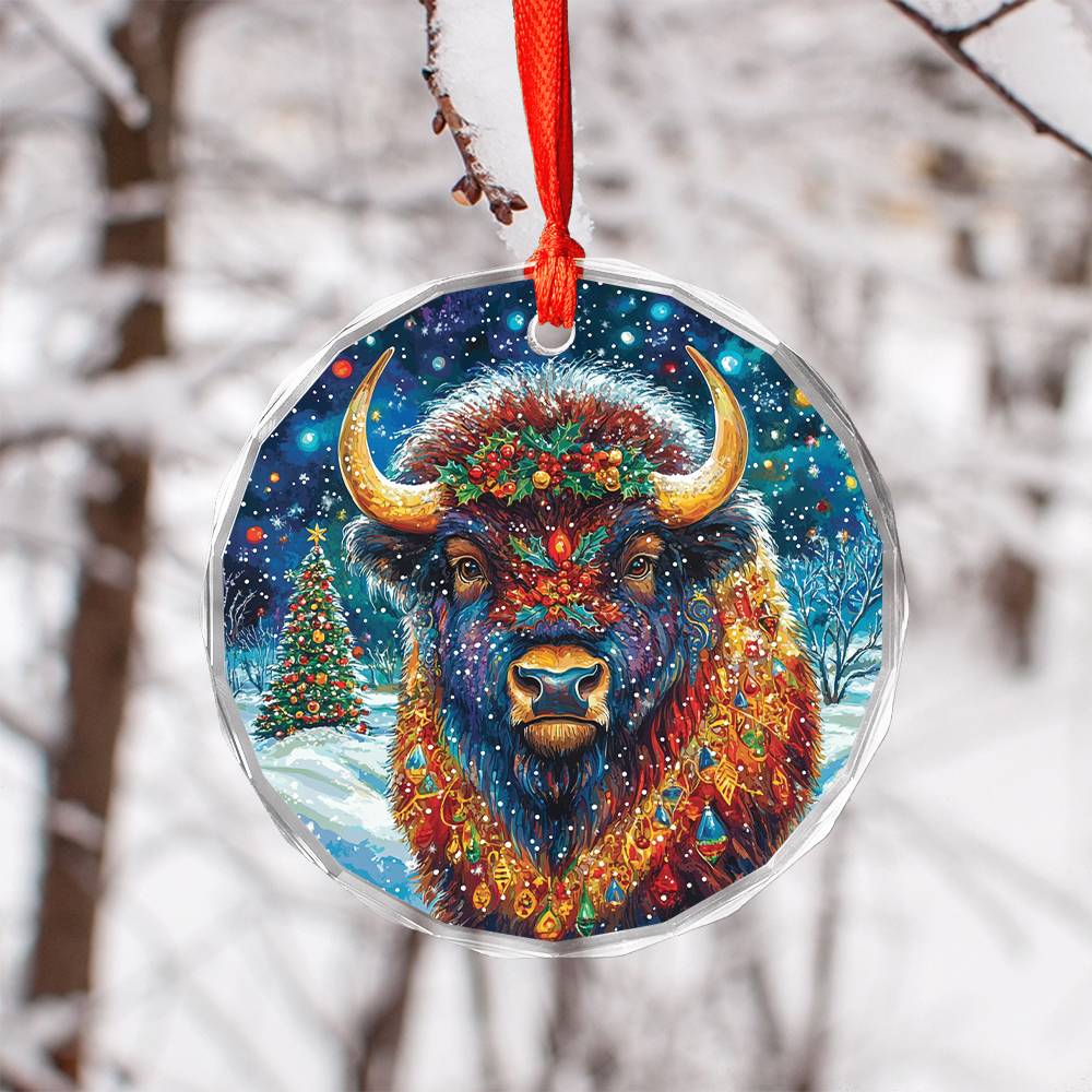 Beautiful Bison Christmas Night Design 1 Glass Ornament