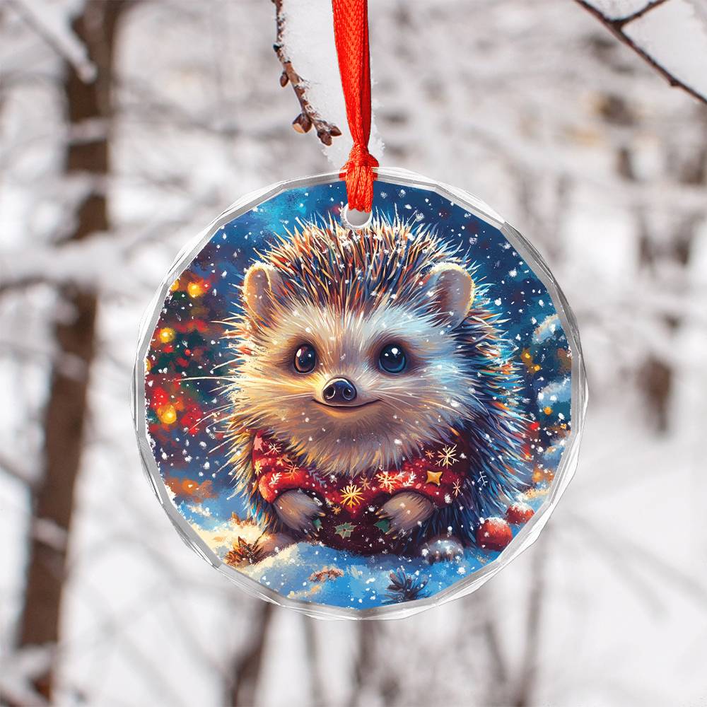 Beautiful Angus Hedgehog Christmas Night Design 1 Glass Ornament
