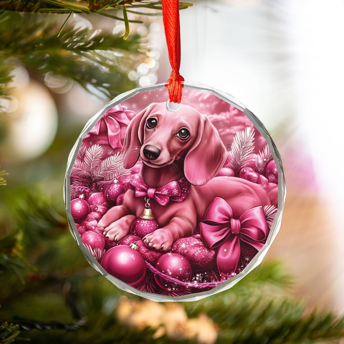 Dachshund Dog Pink Christmas Design 1 Glass Ornament
