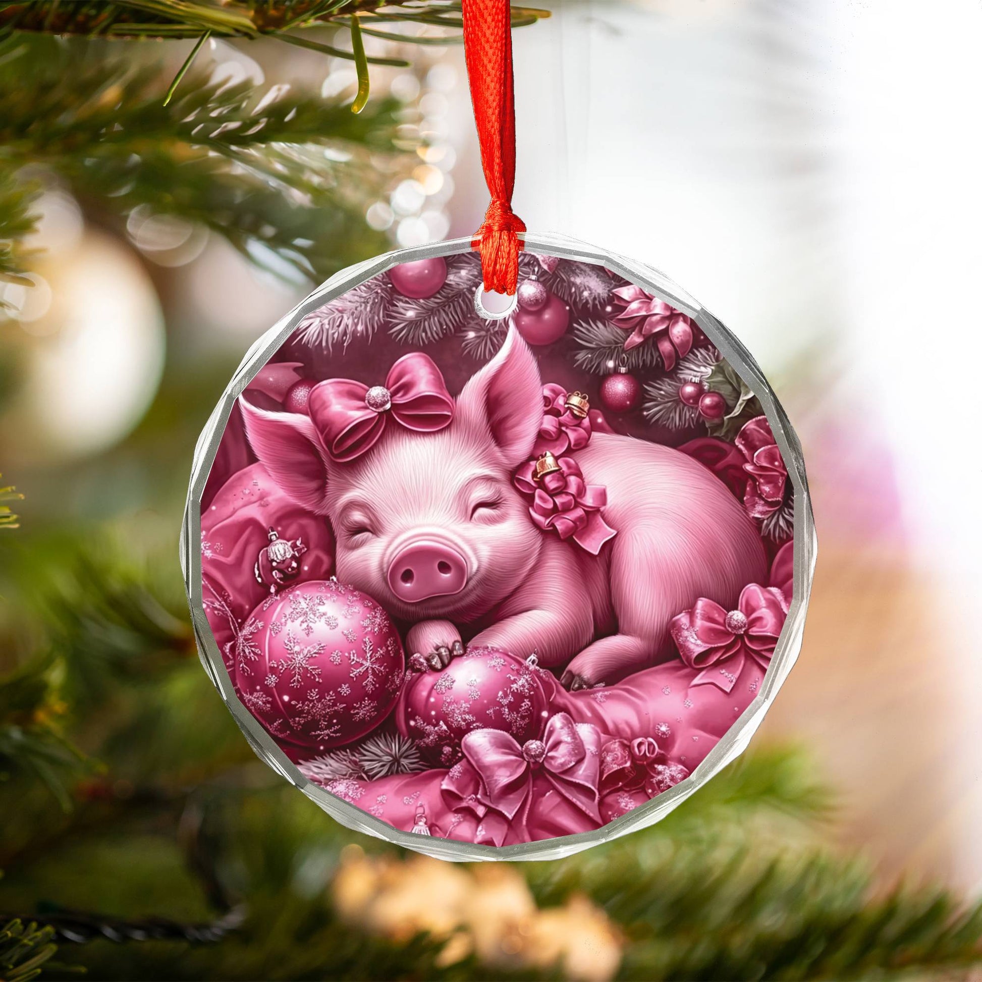 Pig Pink Christmas Design 1 Glass Ornament