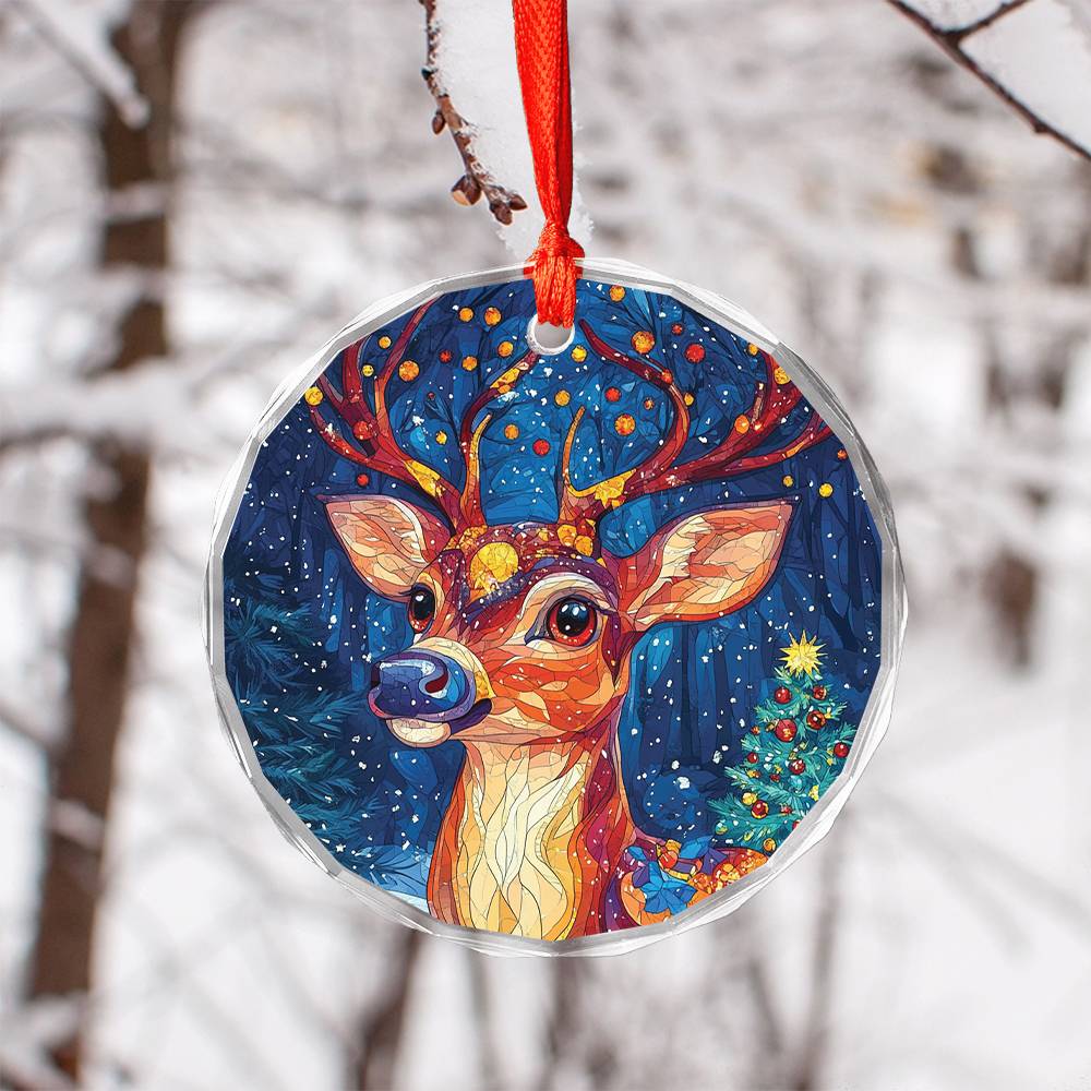 Beautiful Angus Deer Christmas Night Design 4 Glass Ornament