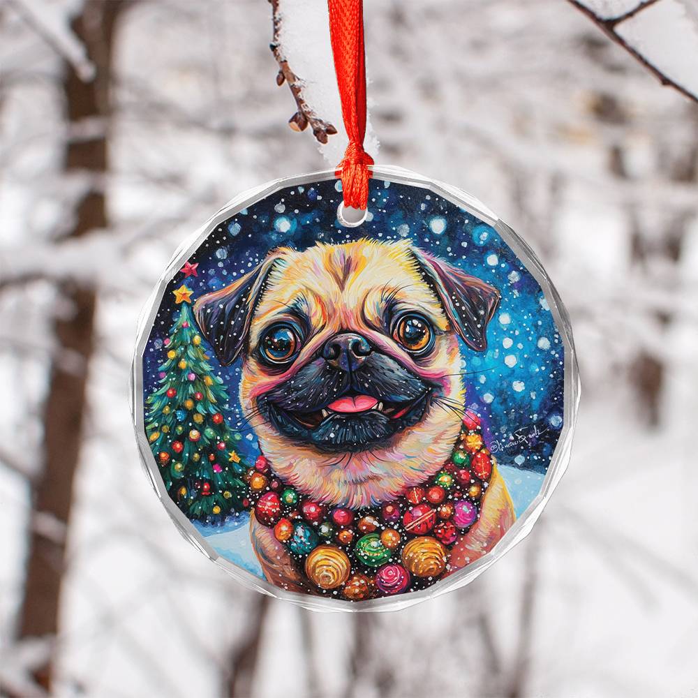 Beautiful Pug Dog Christmas Night Design 3 Glass Ornament