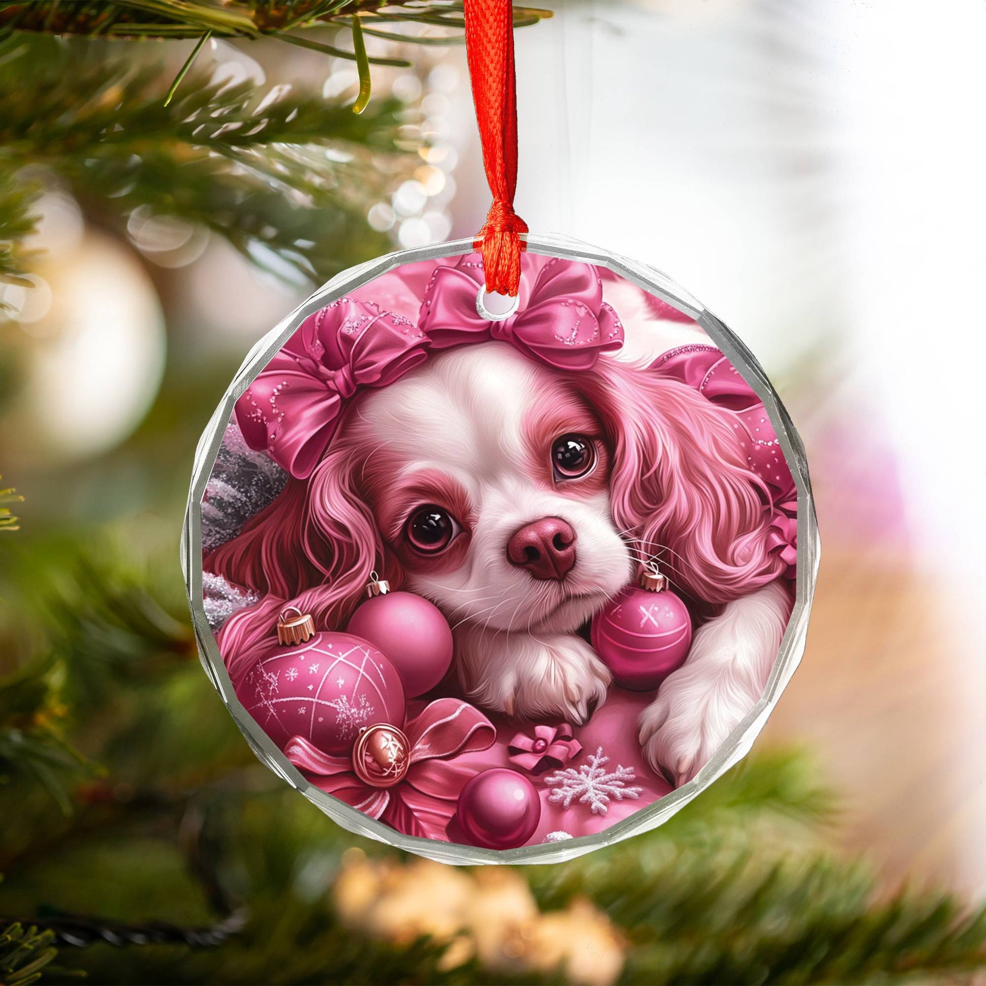 Cavalier King Charles Spaniel Dog Pink Christmas Design 2 Glass Ornament