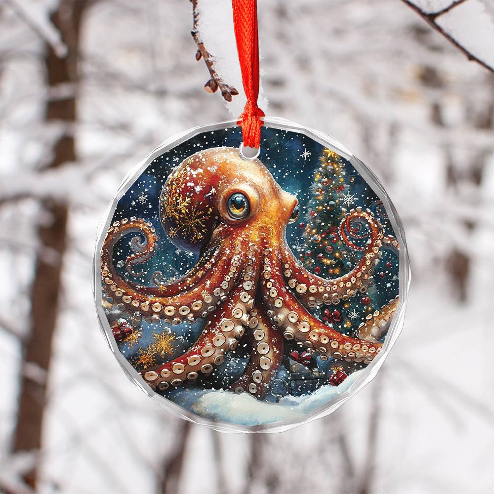 Beautiful Angus Octopus Christmas Night Design 2 Glass Ornament