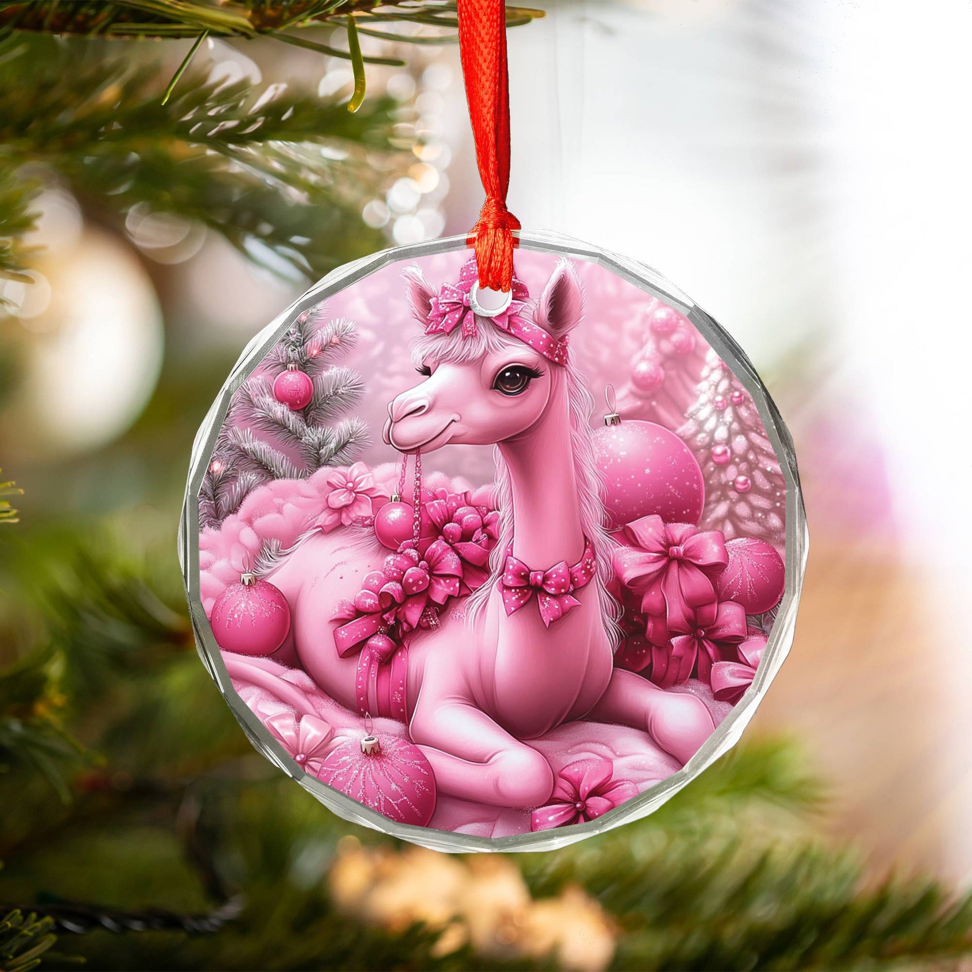 Camel Pink Christmas Design 2 Glass Ornament