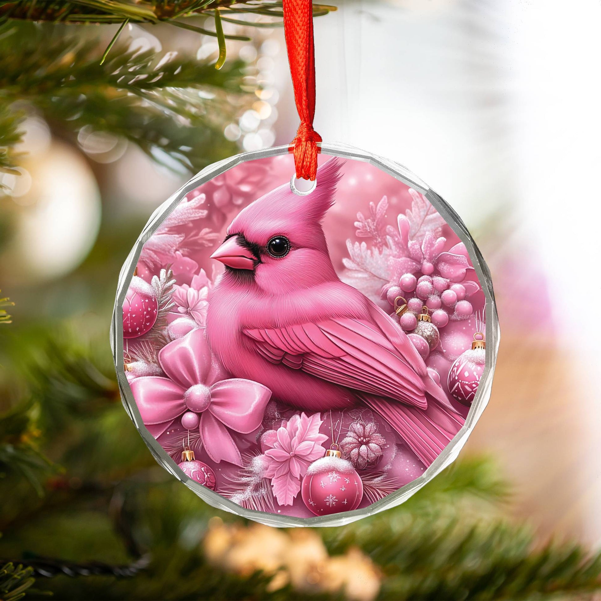 Cardinal Pink Christmas Design 4 Glass Ornament