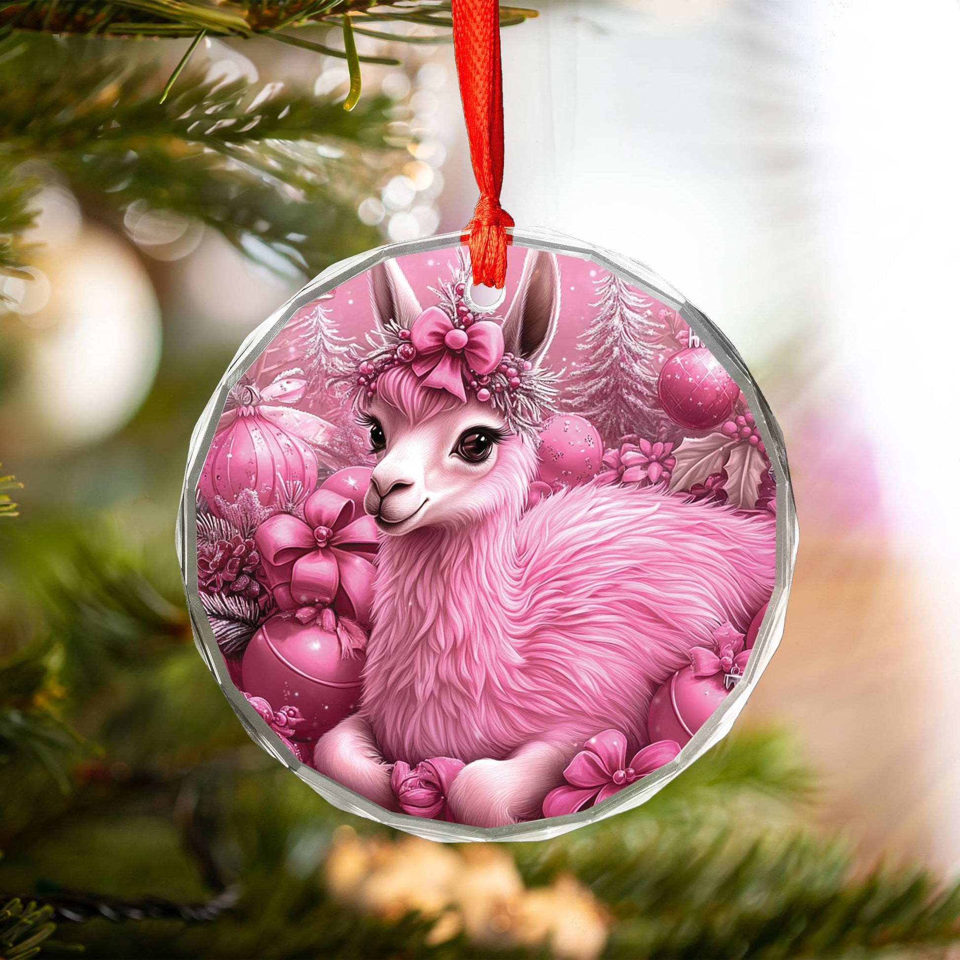 Llama Pink Christmas Design 2 Glass Ornament