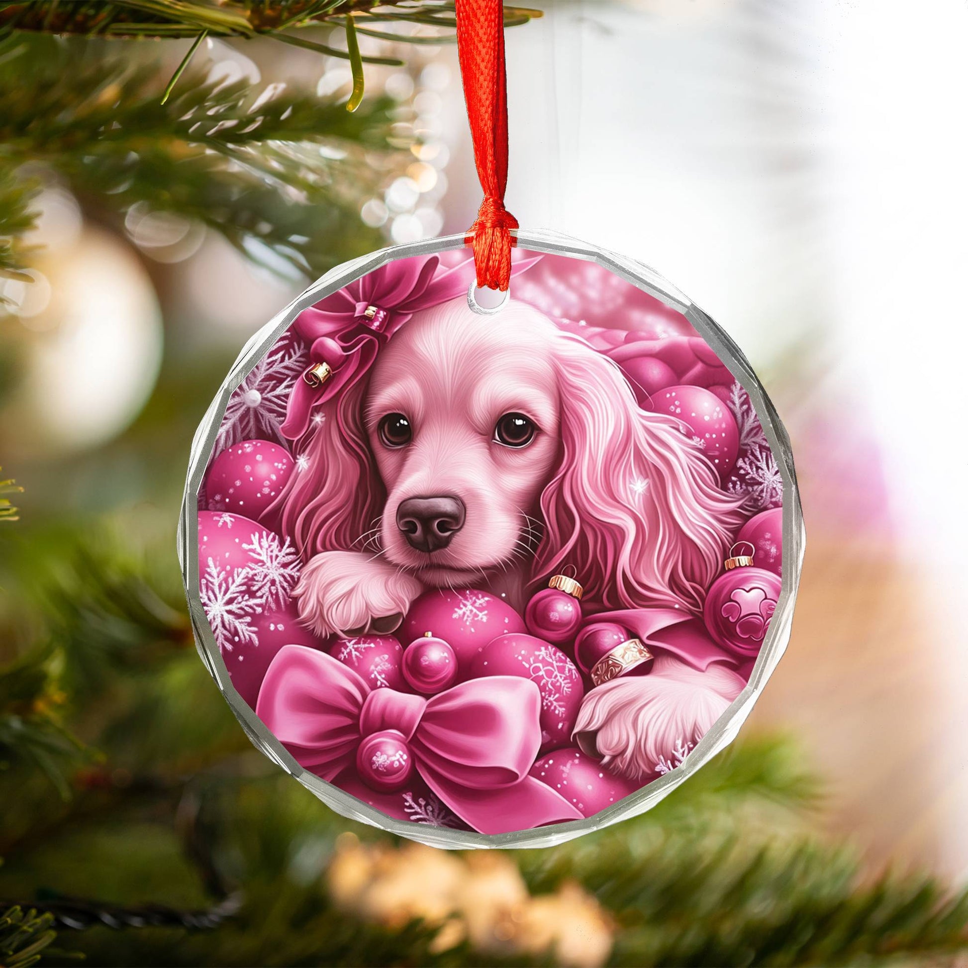 Cocker Spaniel Dog Pink Christmas Design 2 Glass Ornament