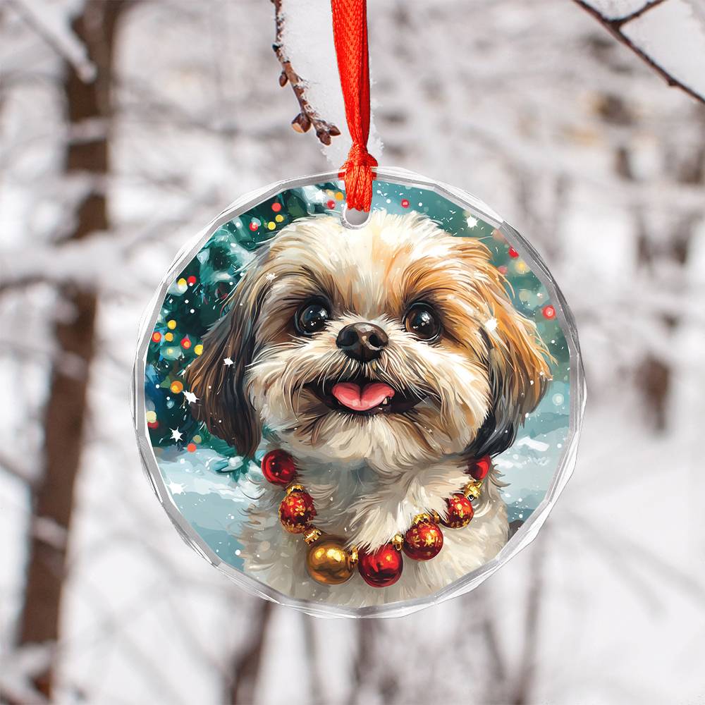 Beautiful Angus Shih Tzu Dog Christmas Night Design 4 Glass Ornament