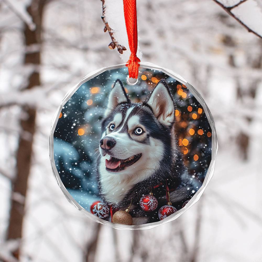 Beautiful Angus Huskie Dog Christmas Night Design 2 Glass Ornament