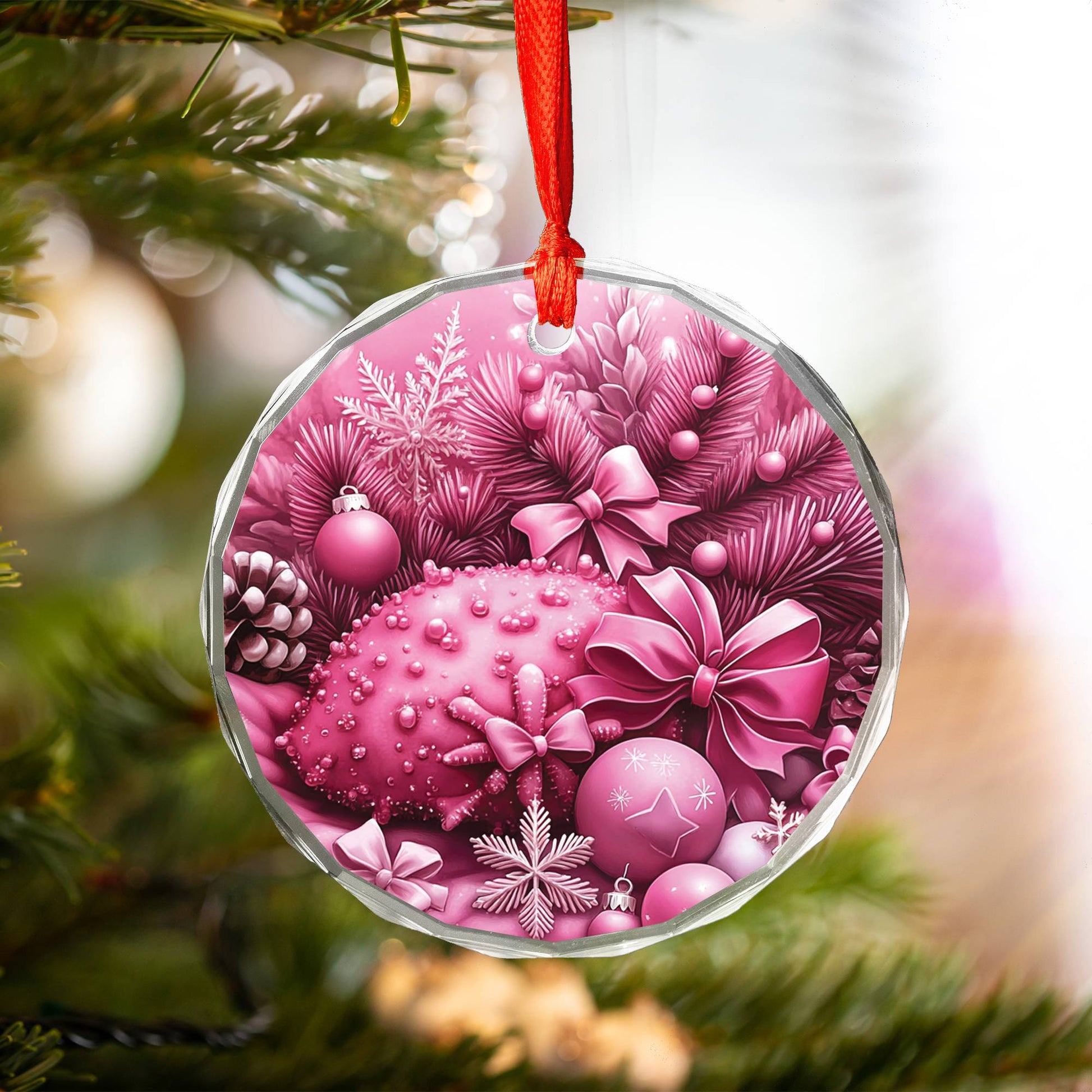 Coral Pink Christmas Design 2 Glass Ornament