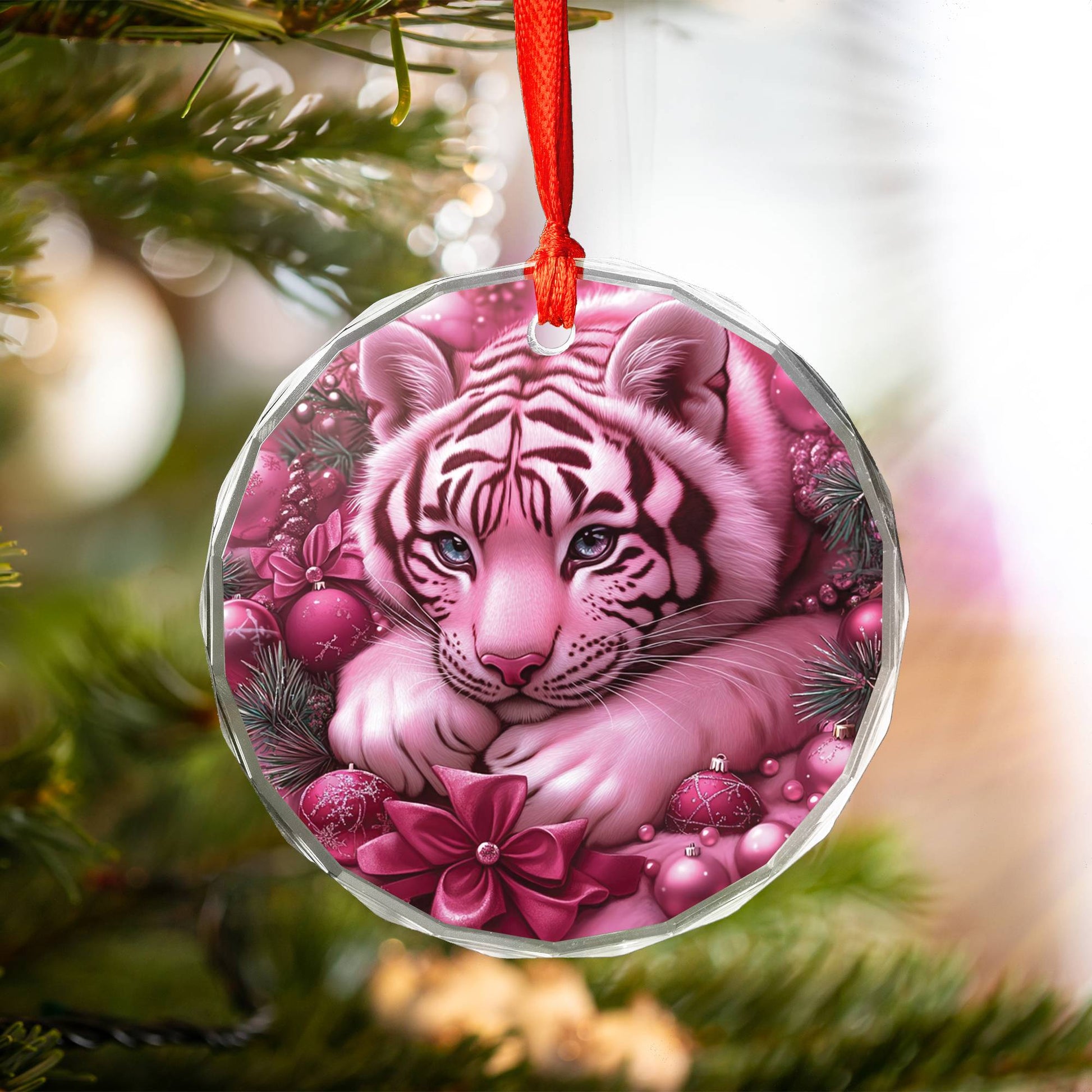 Tiger Pink Christmas Design 4 Glass Ornament