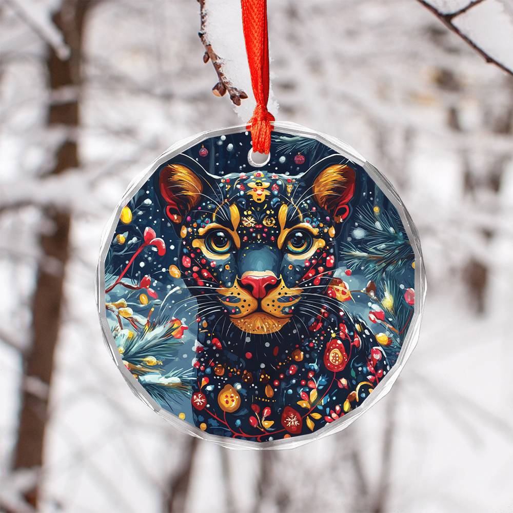 Beautiful Panther Christmas Night Design 2 Glass Ornament