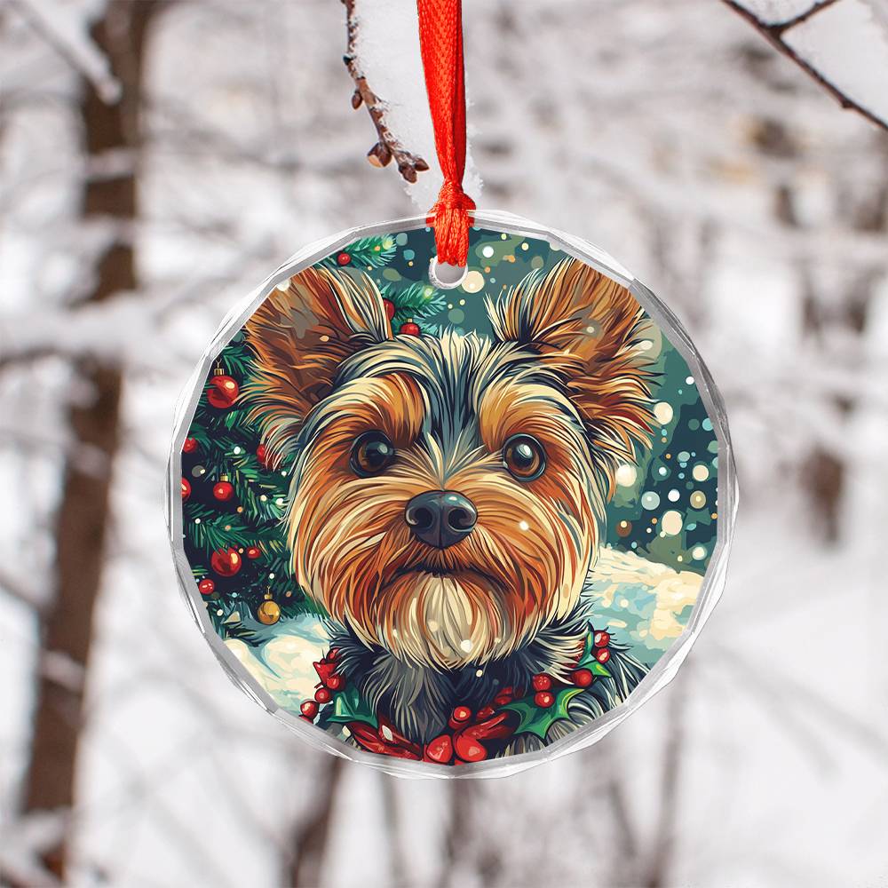 Beautiful Angus Yorkshire Terrier Dog Christmas Night Design 4 Glass Ornament