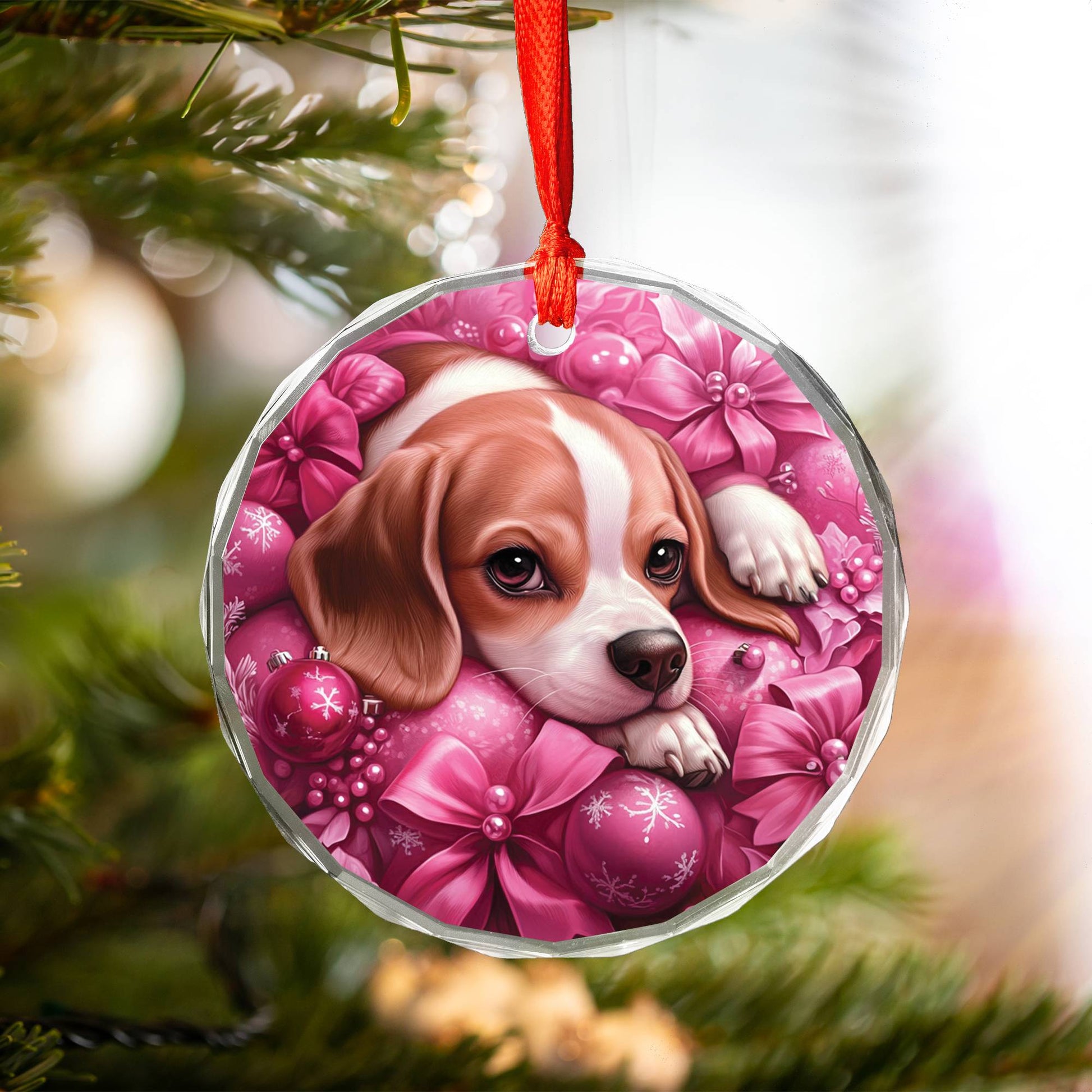 Beagle Dog Pink Christmas Design 3 Glass Ornament