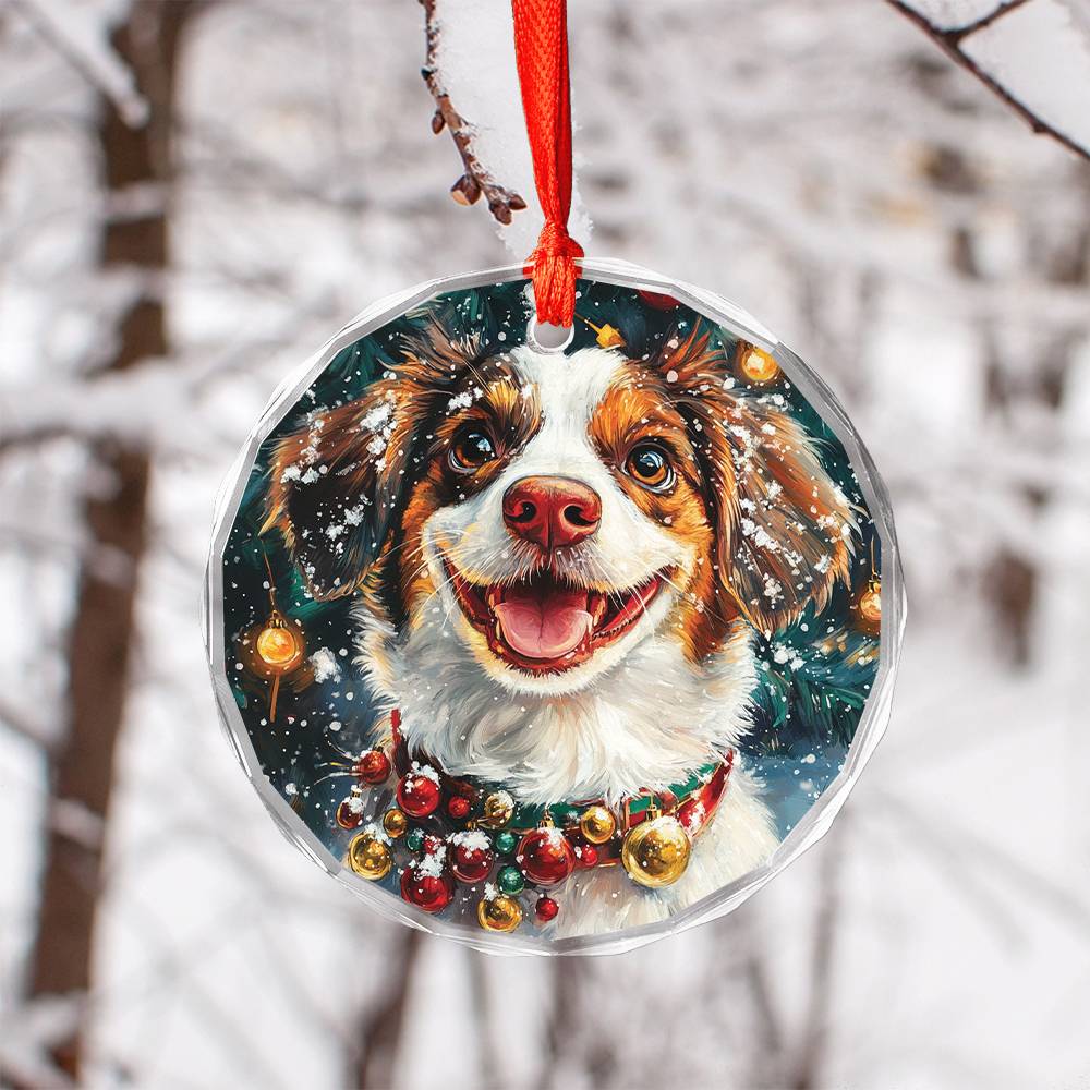 Beautiful Brittany Dog Christmas Night Design 4 Glass Ornament