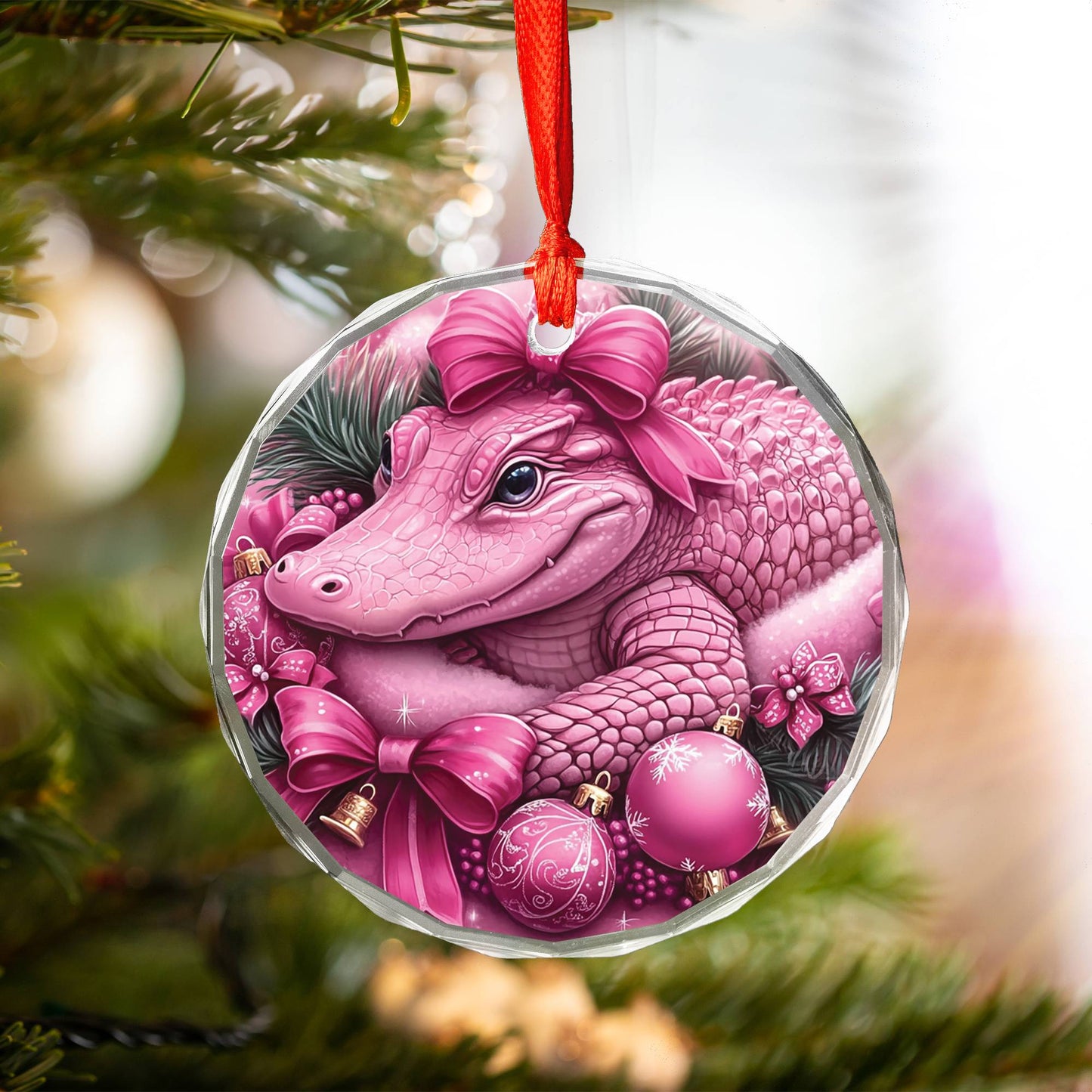 Alligator Pink Christmas Design 1 Glass Ornament
