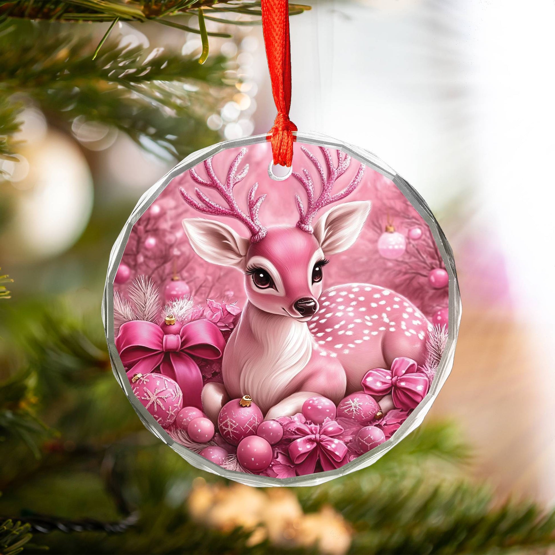 Deer Pink Christmas Design 2 Glass Ornament
