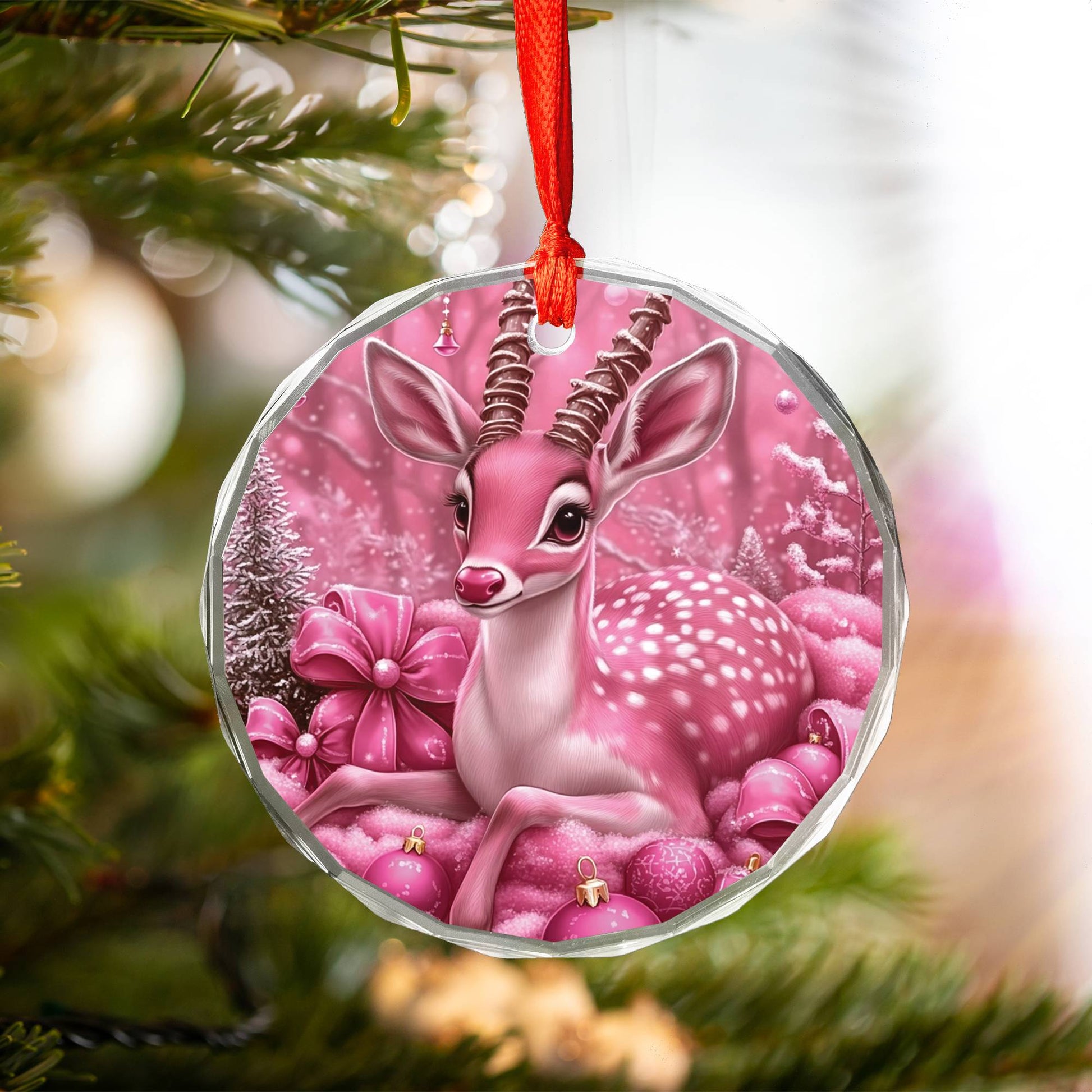 Antelope Pink Christmas Design 2 Glass Ornament