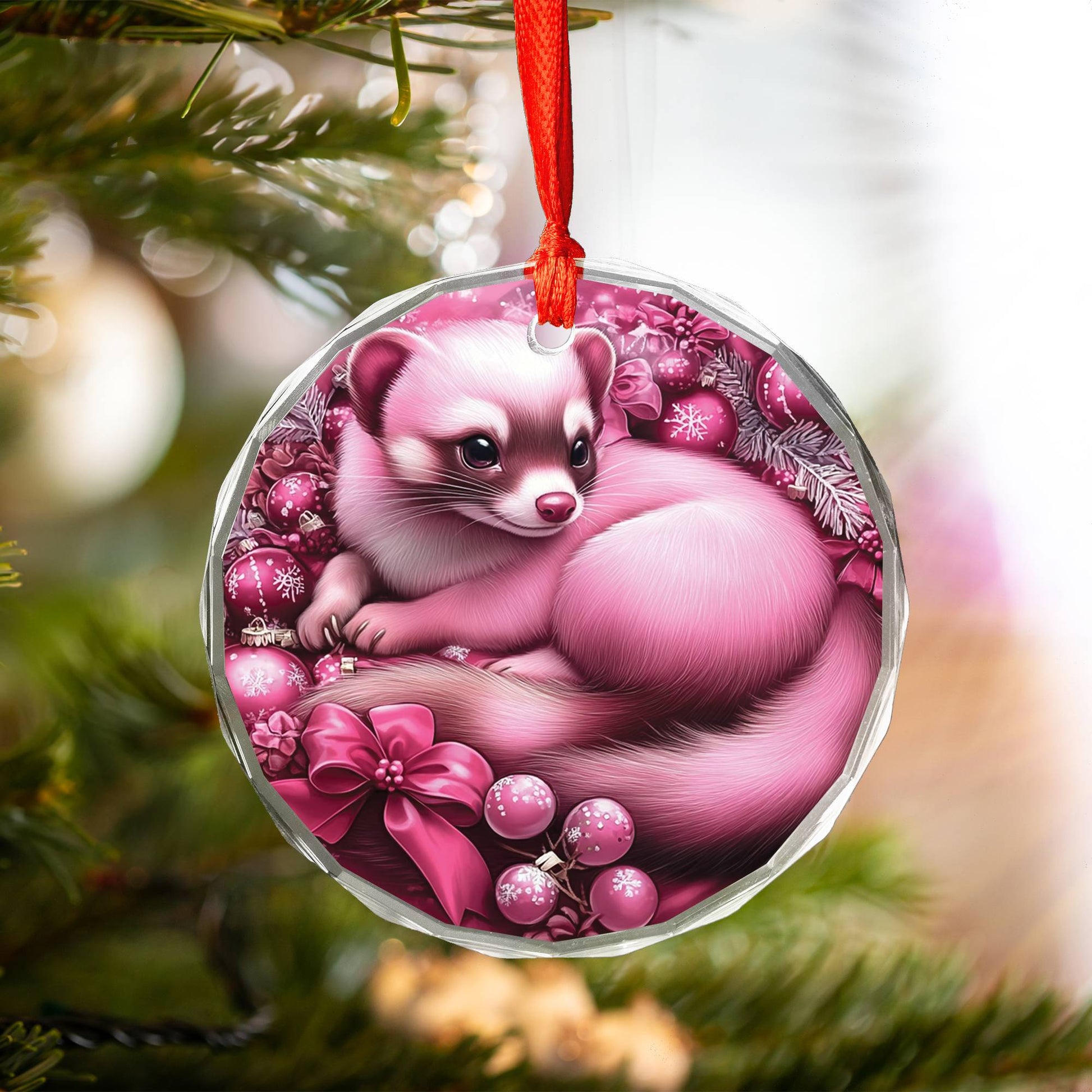 Ferret Pink Christmas Design 3 Glass Ornament