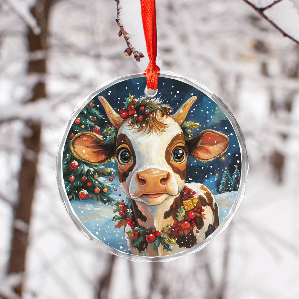 Beautiful Dairy Cow Christmas Night Design 3 Glass Ornament