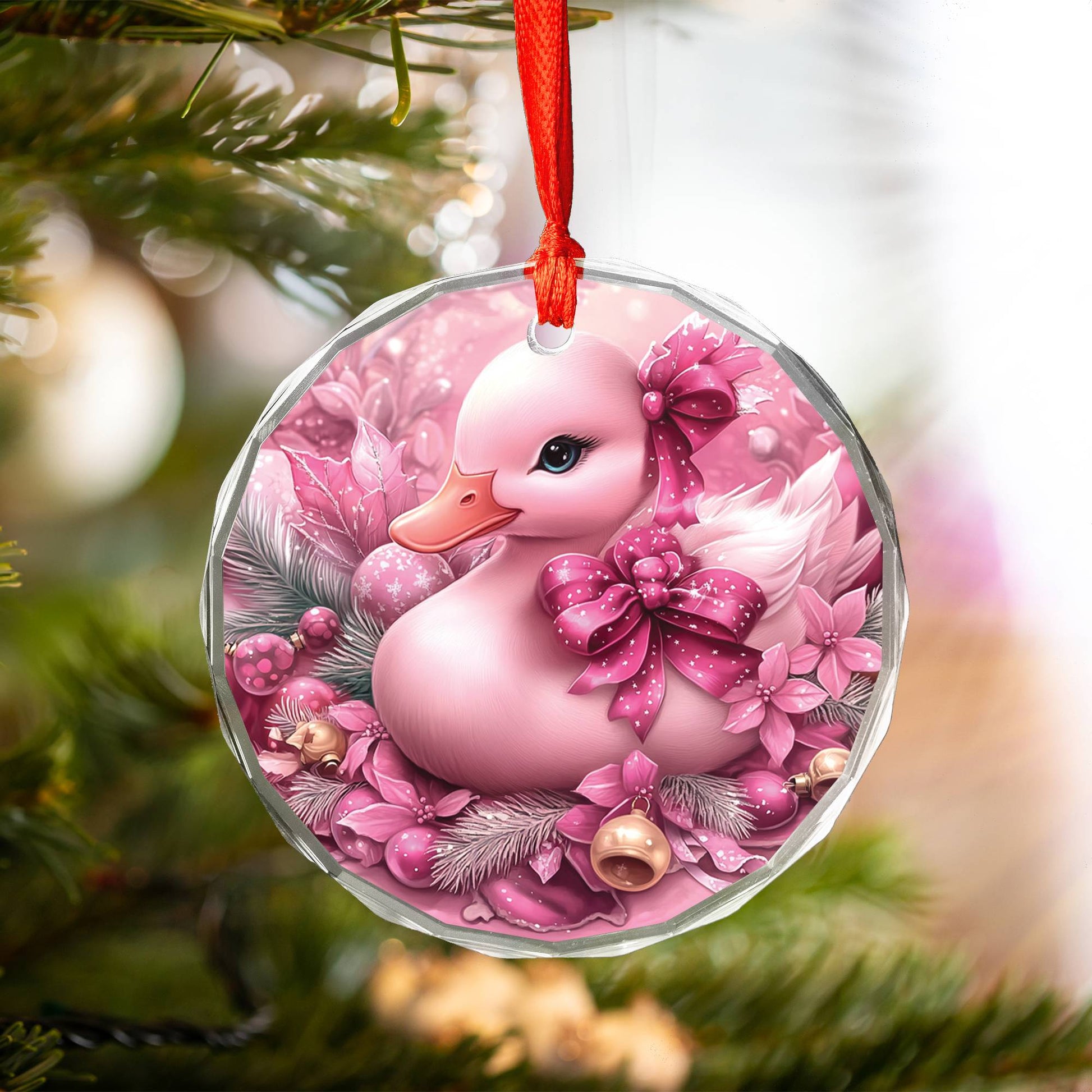 Duck Pink Christmas Design 1 Glass Ornament