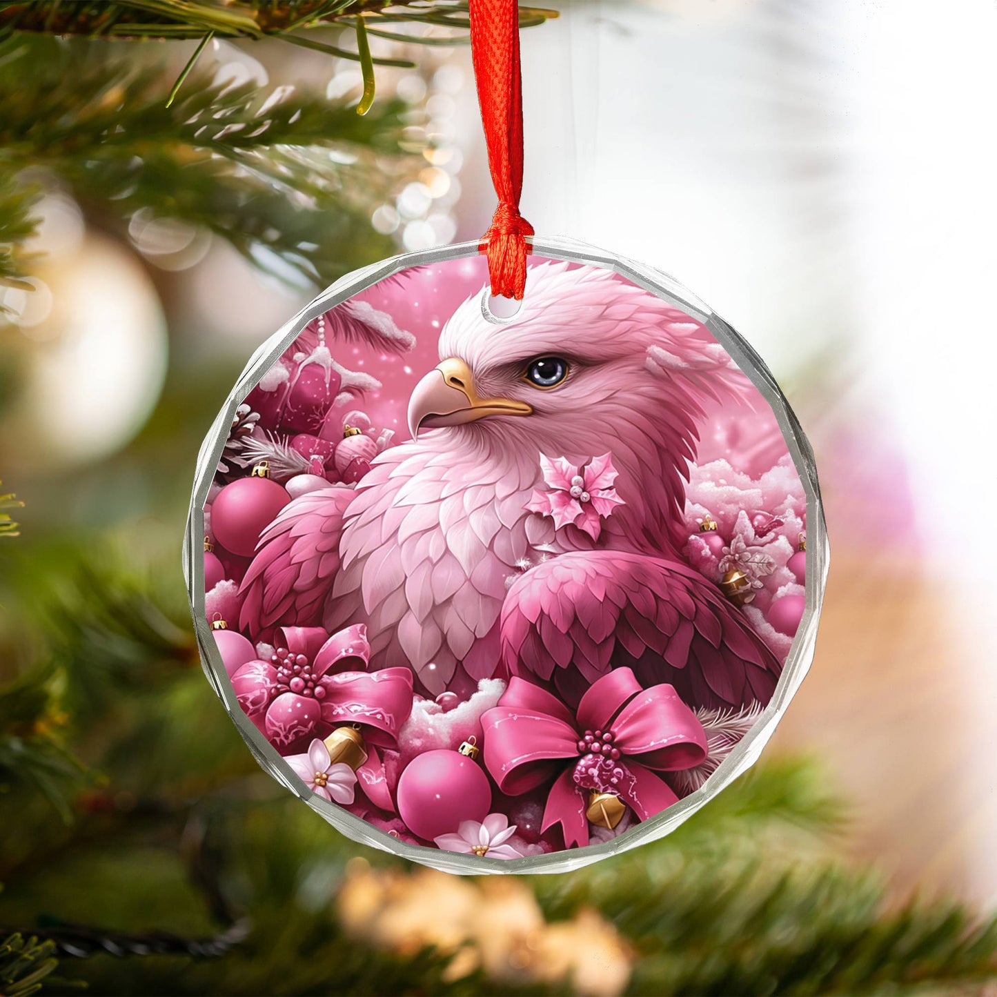 Eagle Pink Christmas Design 2 Glass Ornament
