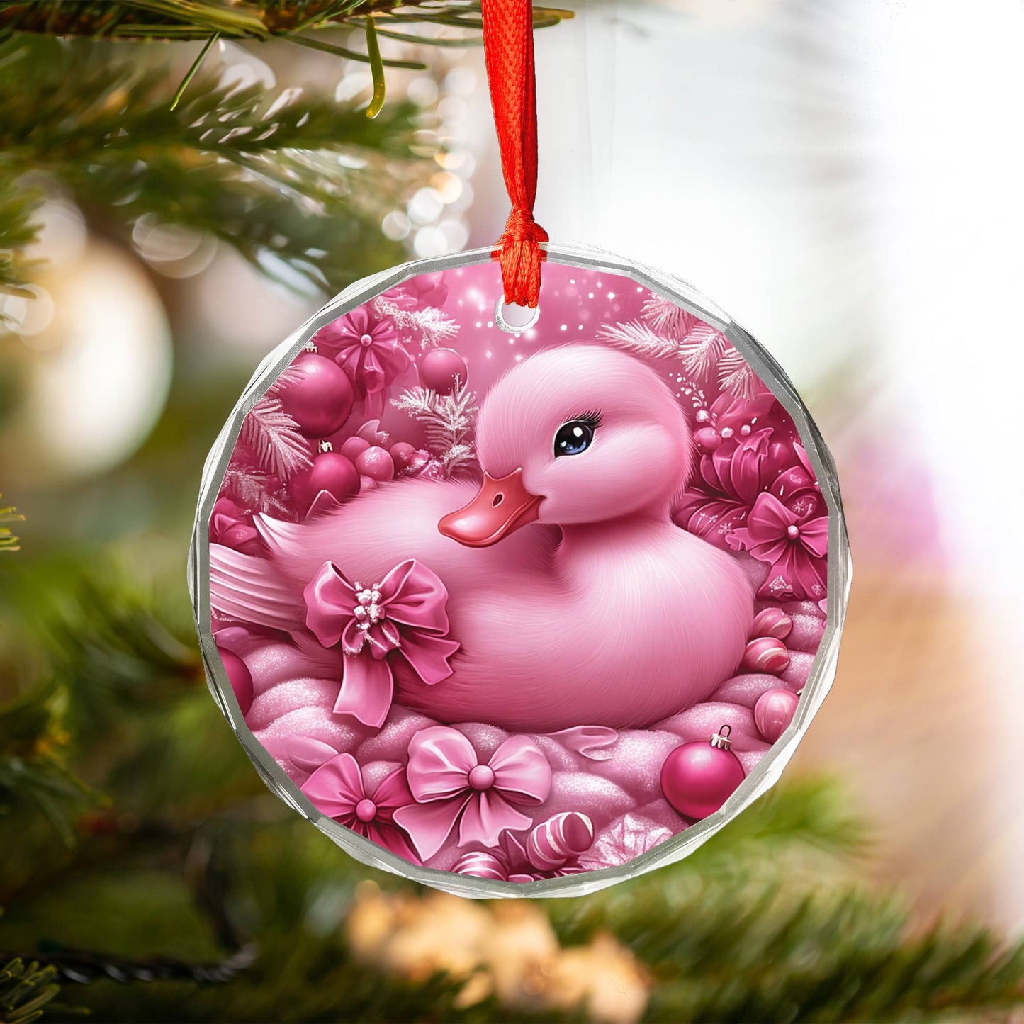 Duck Pink Christmas Design 2 Glass Ornament