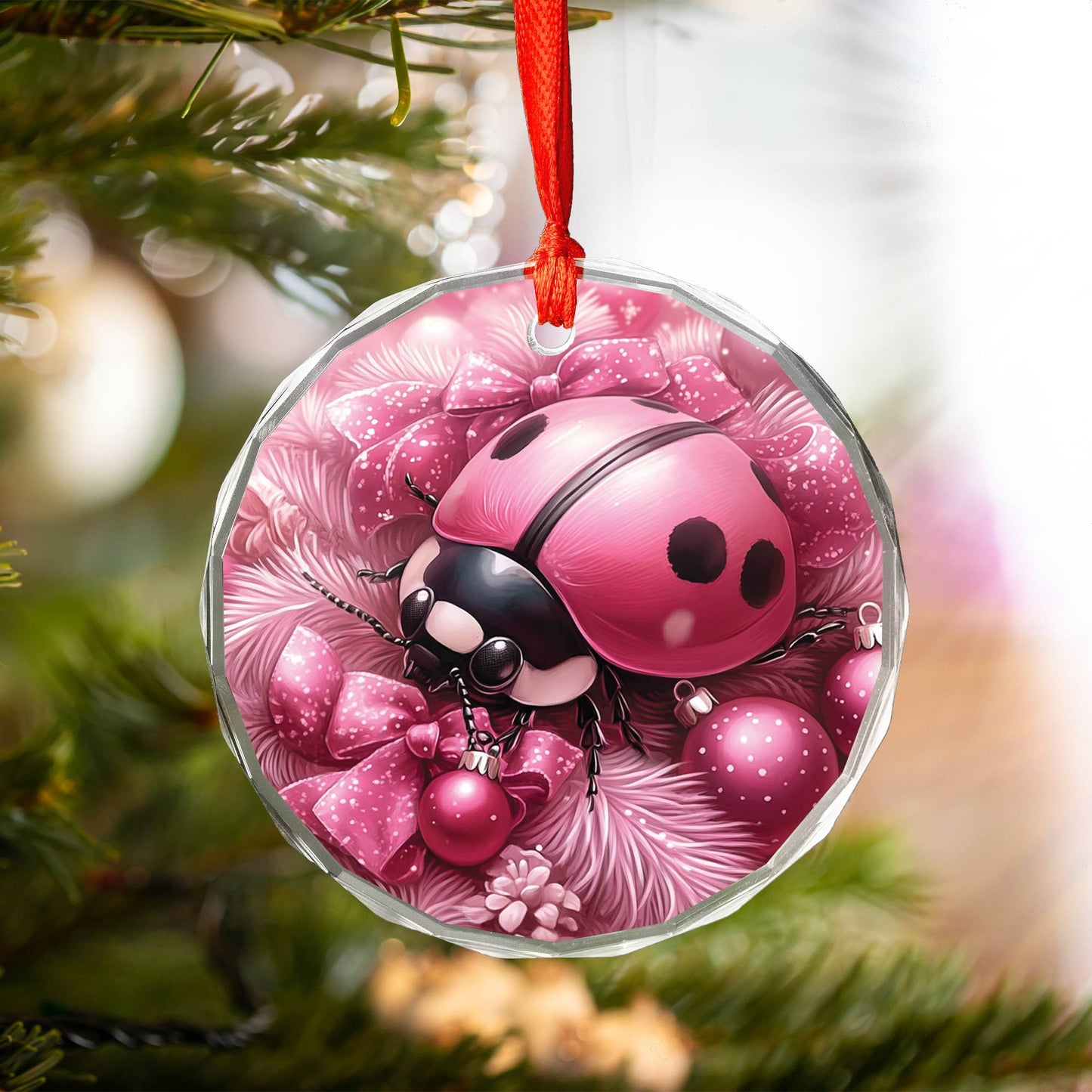 Ladybug Pink Christmas Design 1 Glass Ornament
