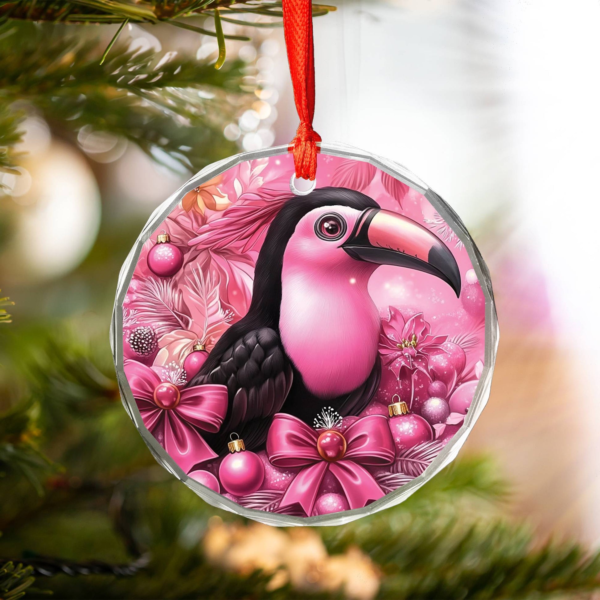 Toucan Pink Christmas Design 1 Glass Ornament