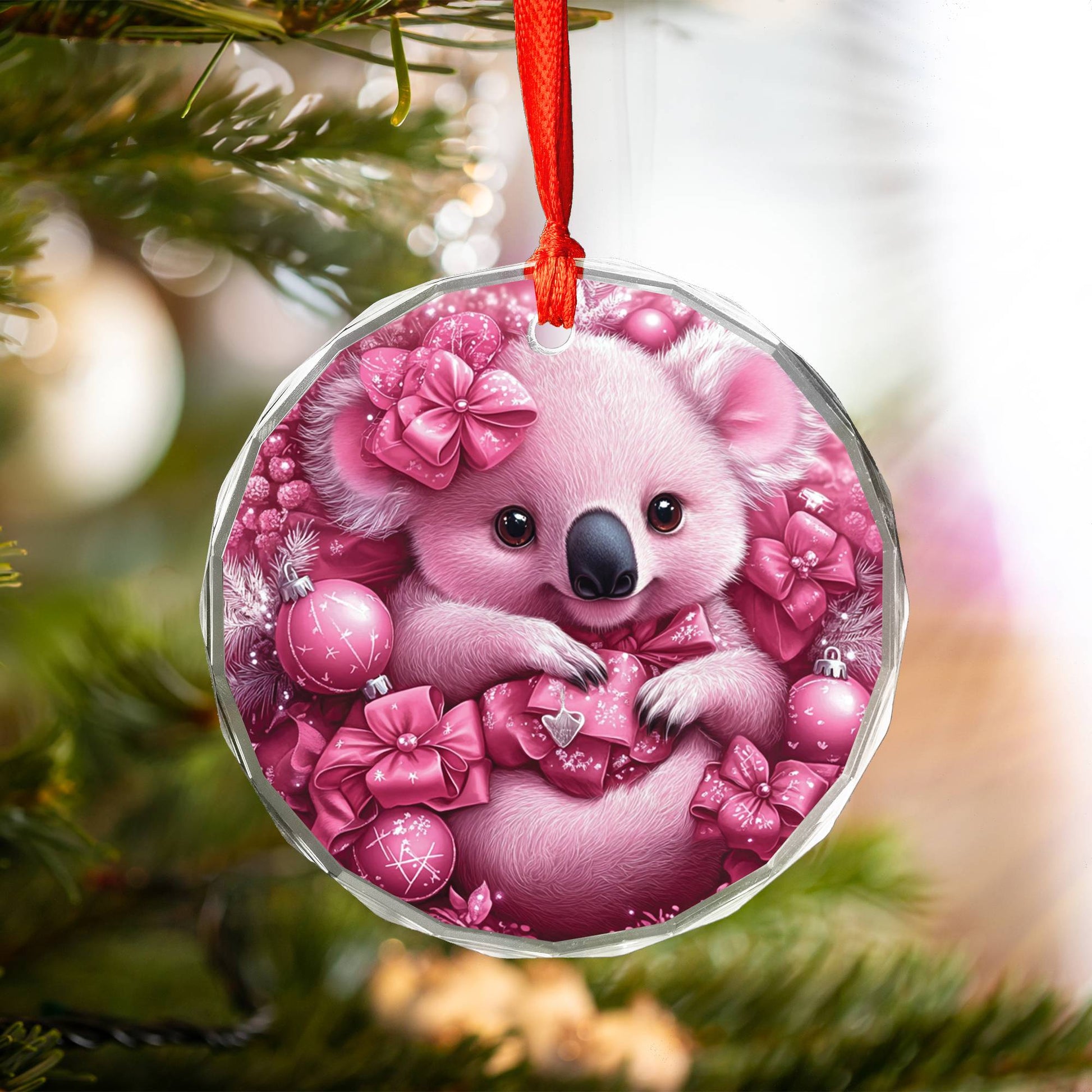 Koala Pink Christmas Design 4 Glass Ornament