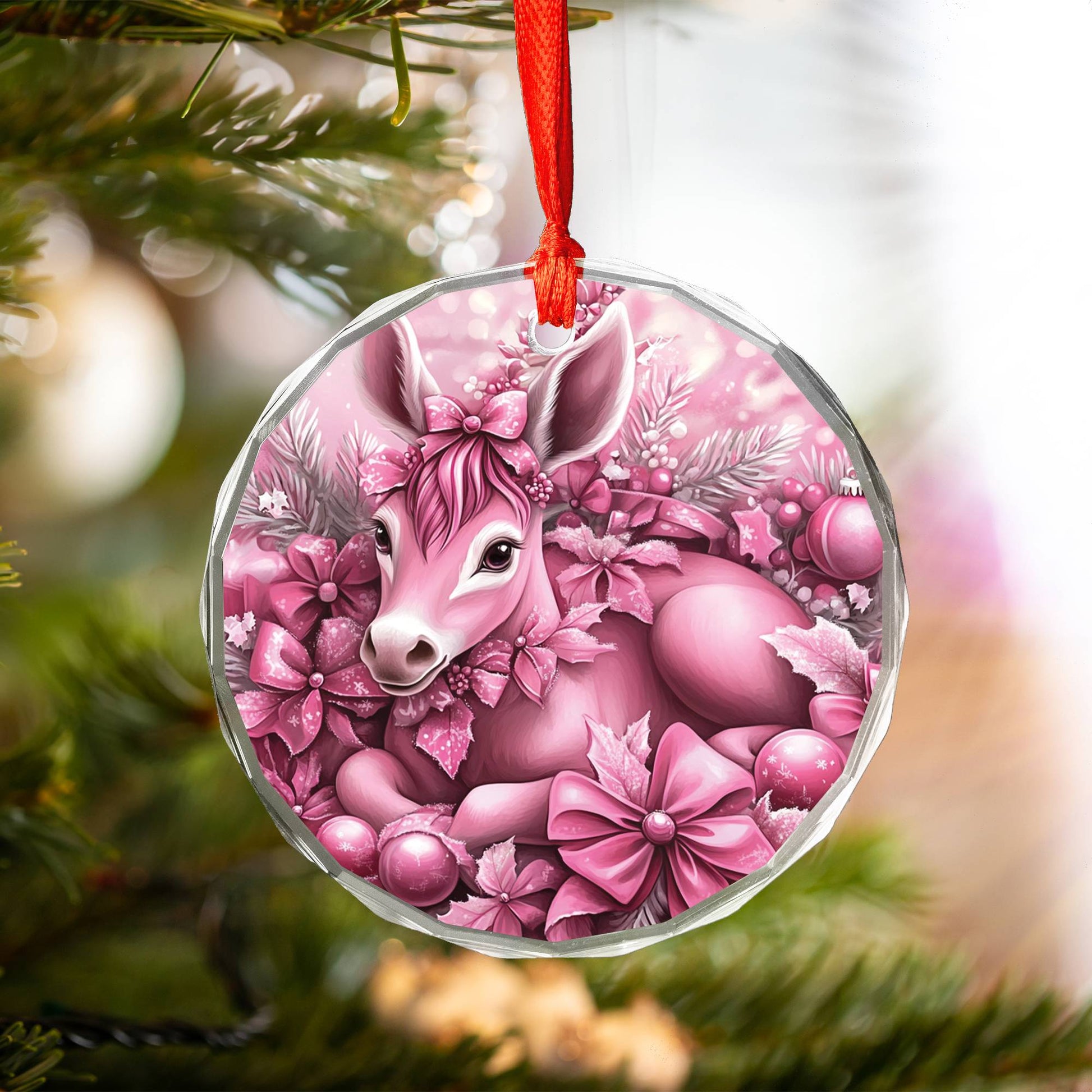 Mule Pink Christmas Design 1 Glass Ornament