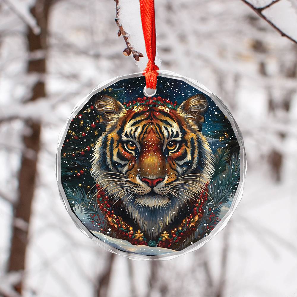 Beautiful Tiger Christmas Night Design 3 Glass Ornament