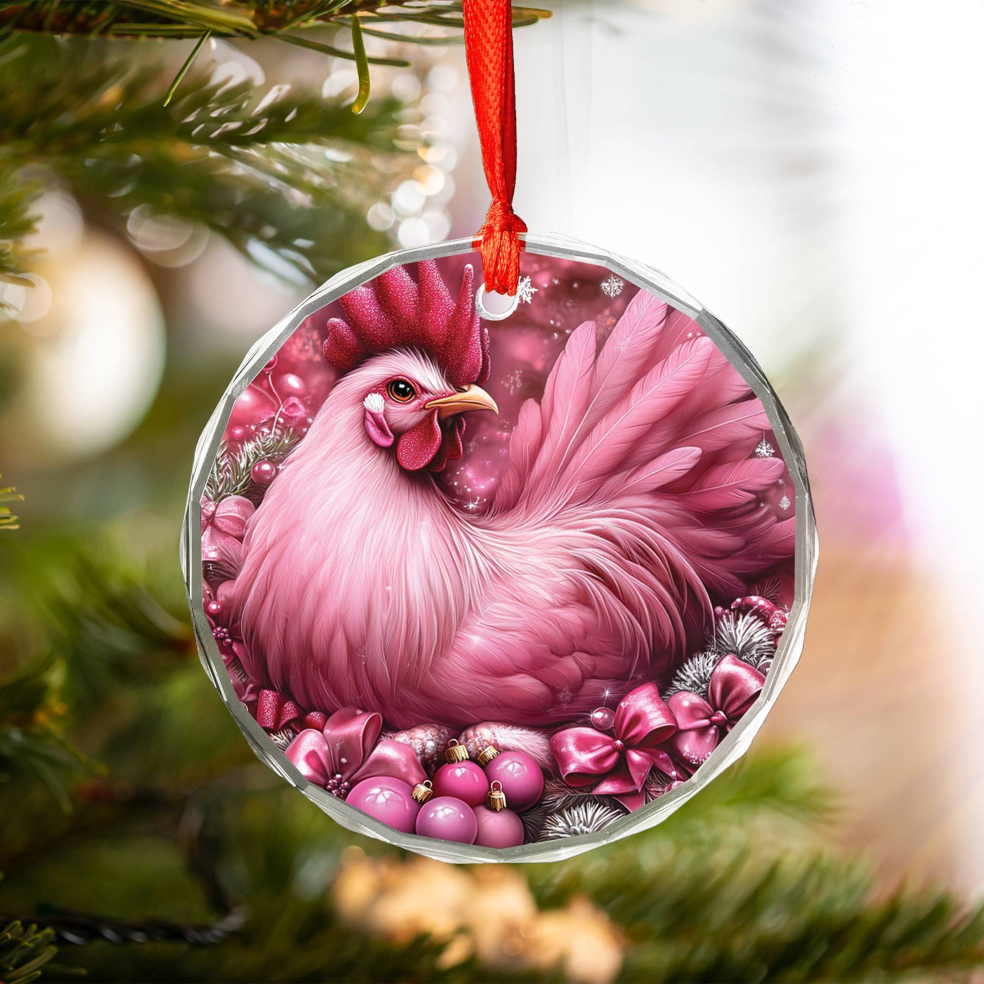 Rooster Pink Christmas Design 3 Glass Ornament