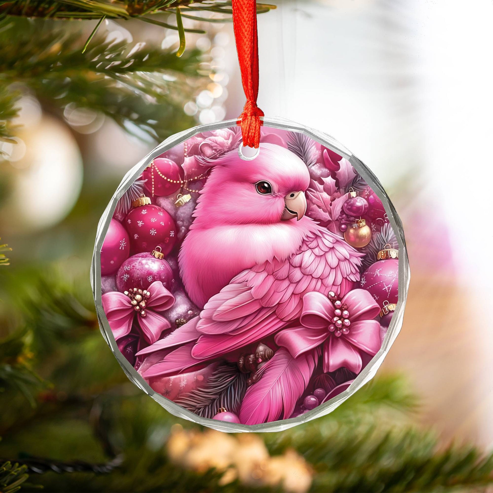 Parrot Pink Christmas Design 2 Glass Ornament