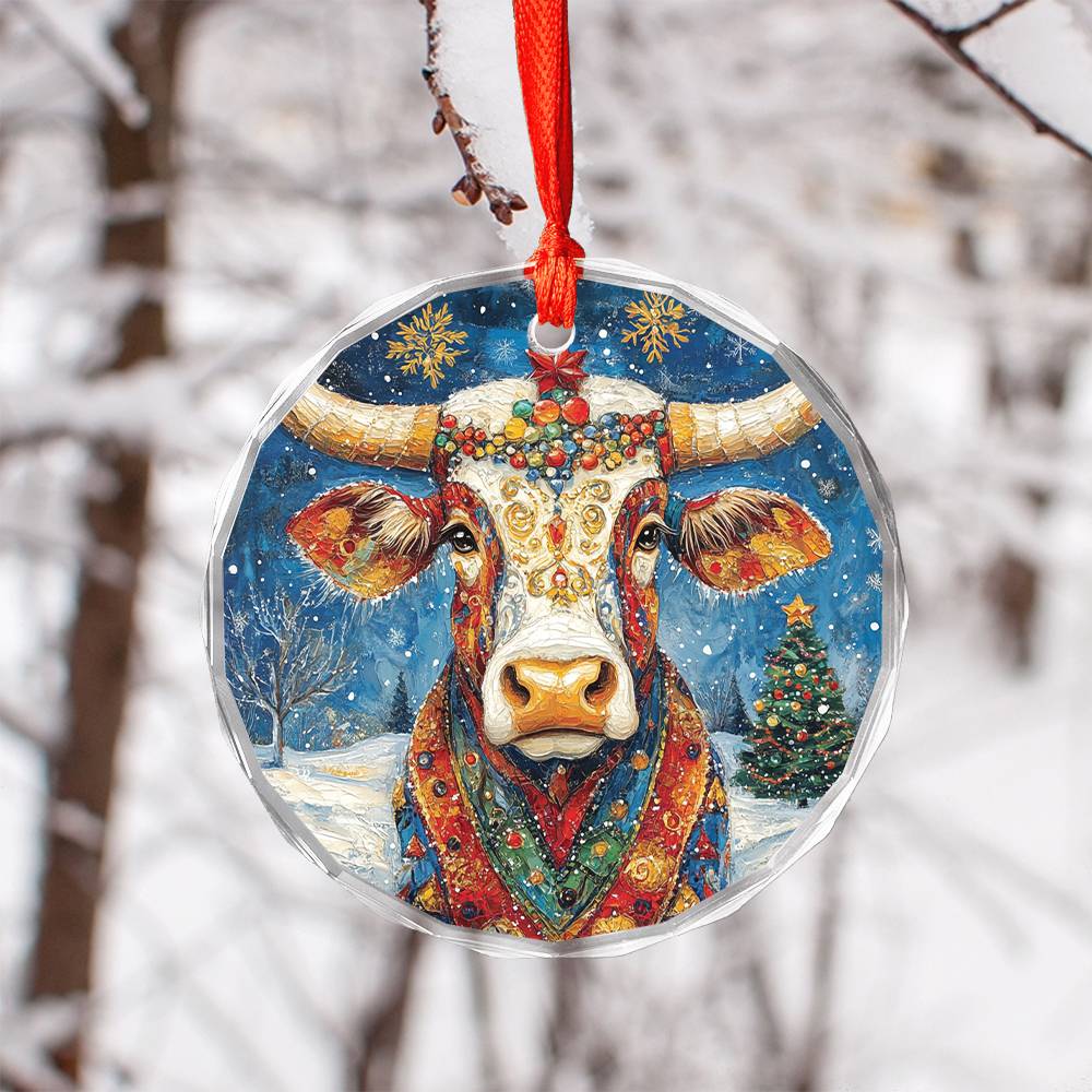 Beautiful Longhorn Cow Christmas Night Design 2 Glass Ornament