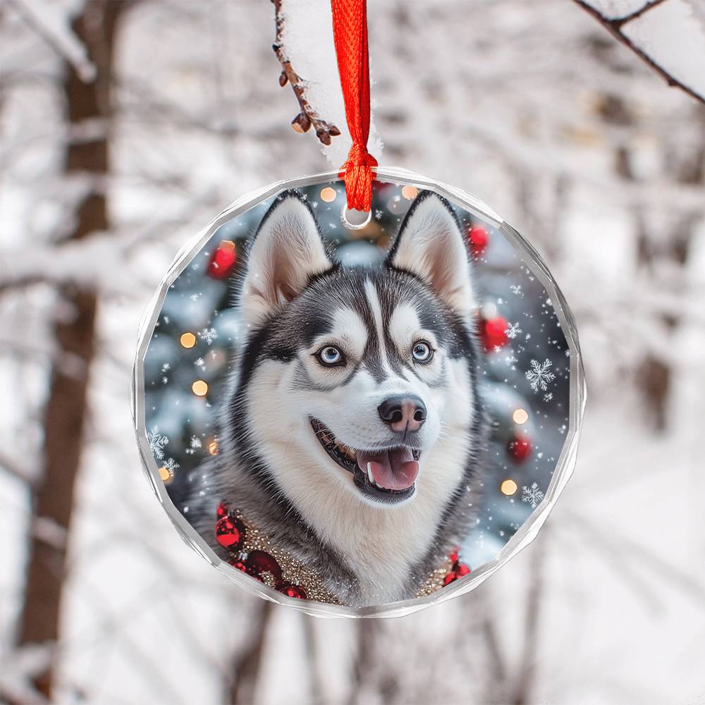 Beautiful Angus Huskie Dog Christmas Night Design 3 Glass Ornament