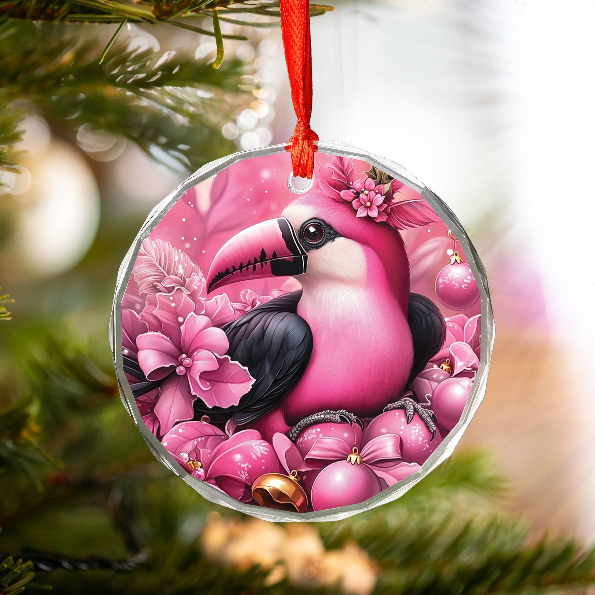 Toucan Pink Christmas Design 2 Glass Ornament